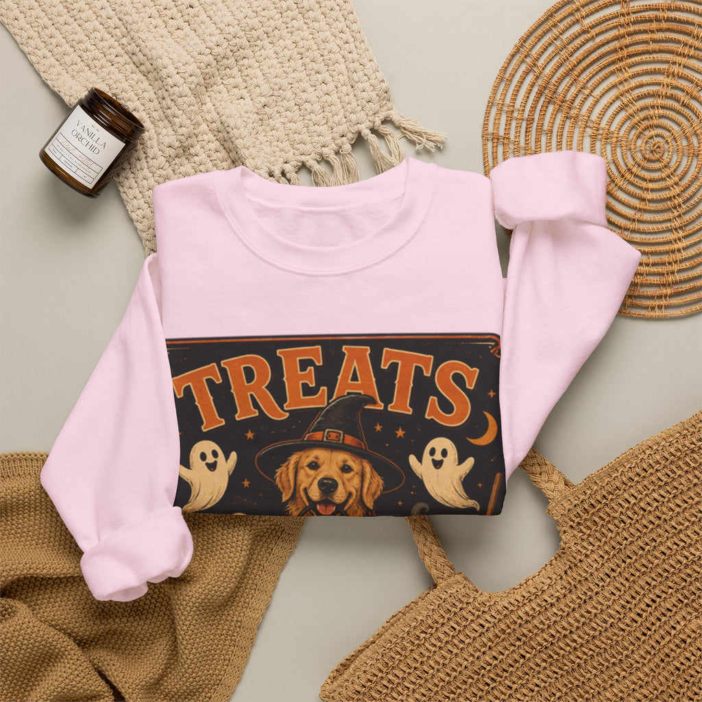 Halloween "Treats Only" Sweatshirt – Cute Puppy, Ghosts & Pumpkins Fall Crewneck
