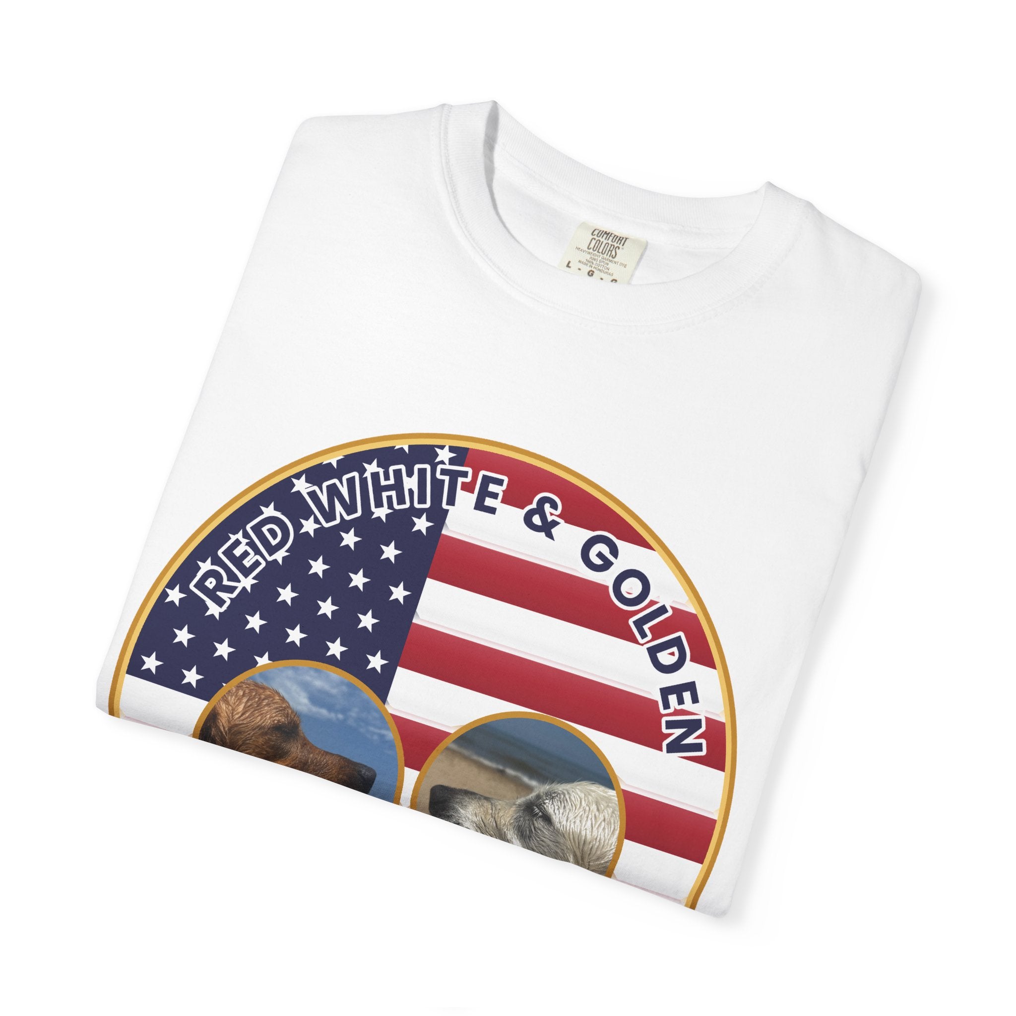 Red, White & Golden T-Shirt – American Flag with Golden Retriever Design