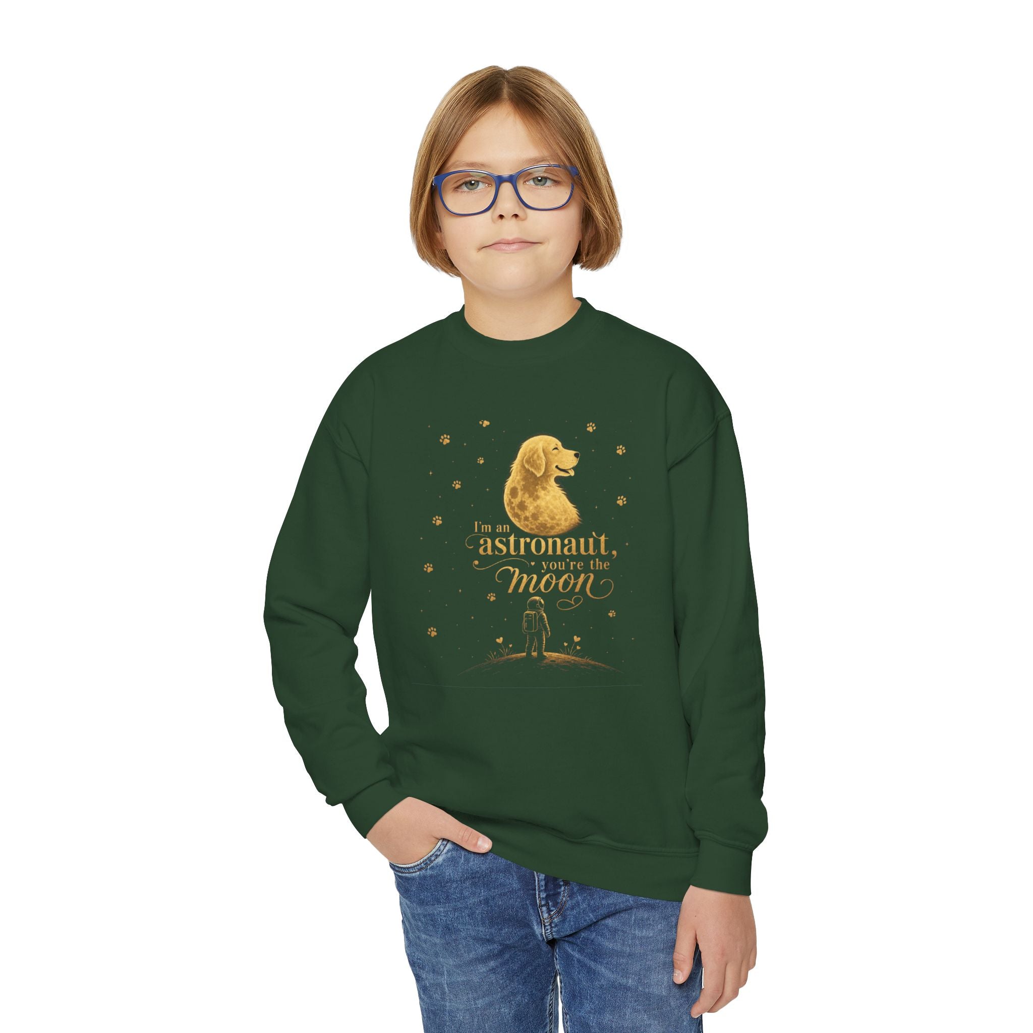 Youth Crewneck Sweatshirt - "Astronauts in the Moon" Cute Golden Bear & Moon Kids Pullover