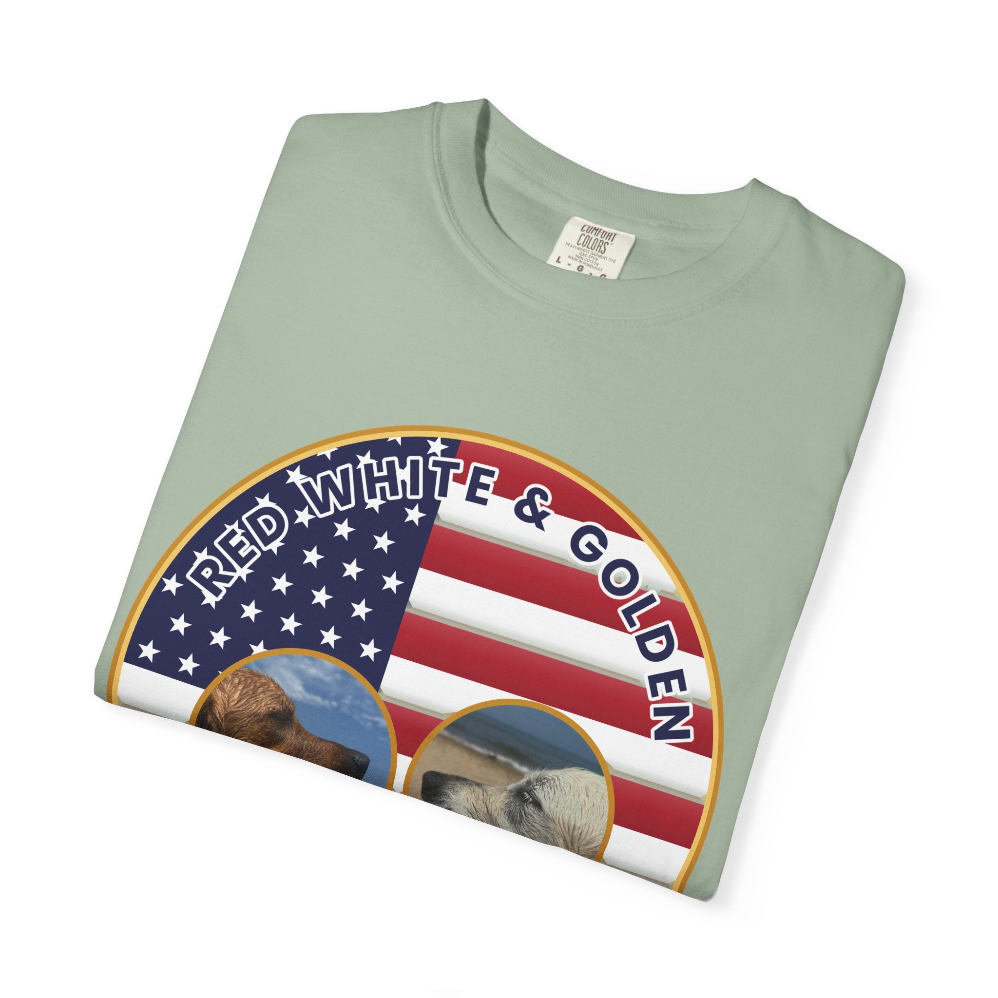 Red, White & Golden T-Shirt – American Flag with Golden Retriever Design