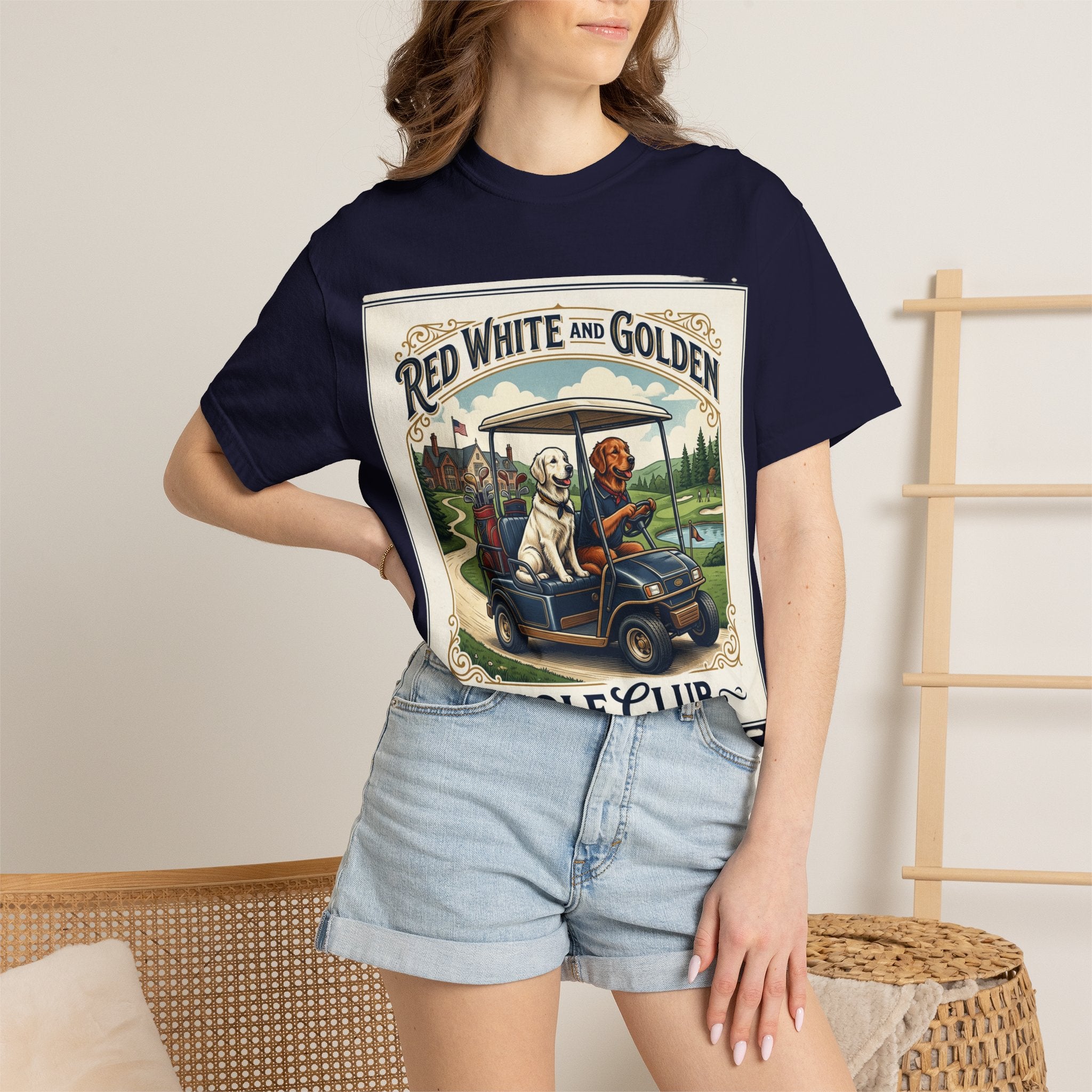 Golf Club T-Shirt — "Red White and Golden" Vintage Dog Golf Cart Design