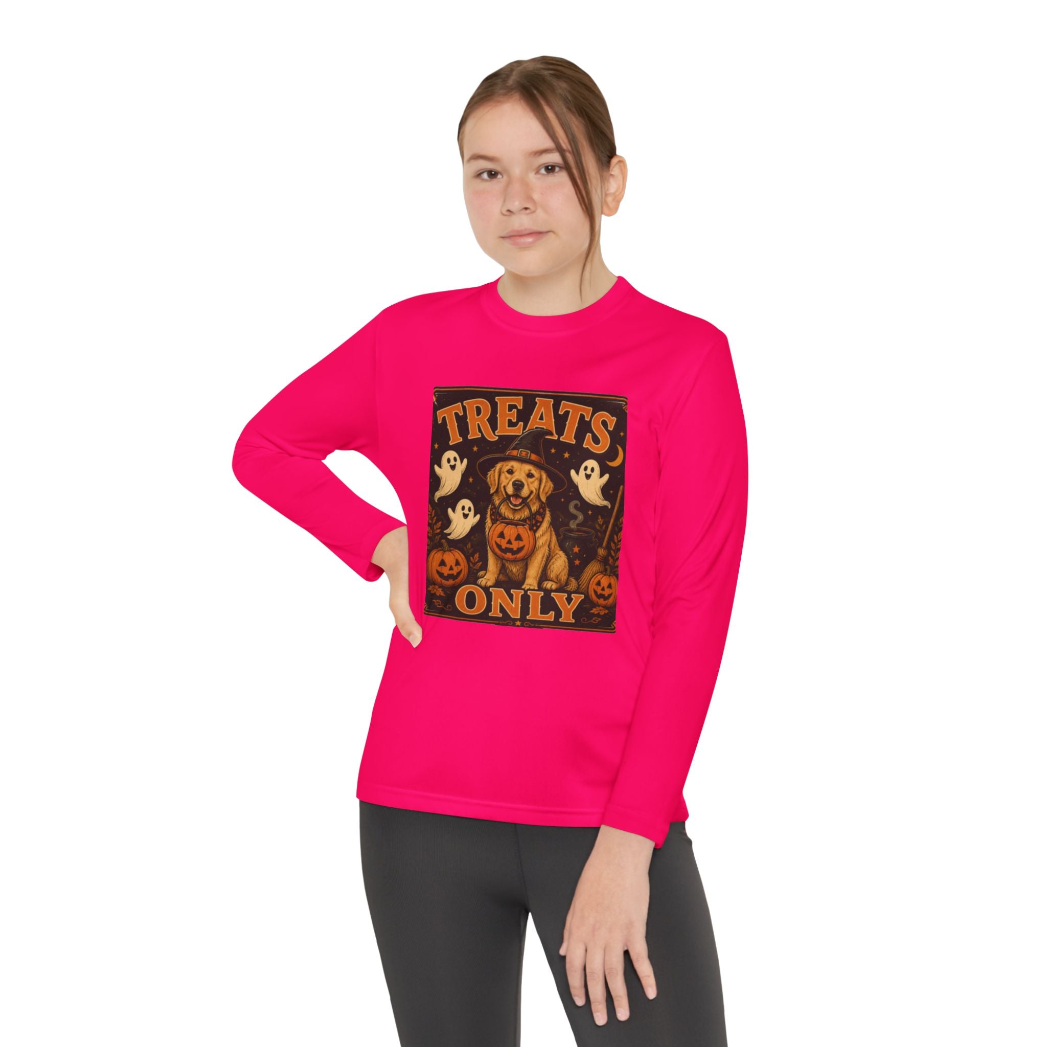 Halloween 'Treats Only' Youth Long Sleeve Tee - Cute Puppy & Ghosts Pumpkin Shirt