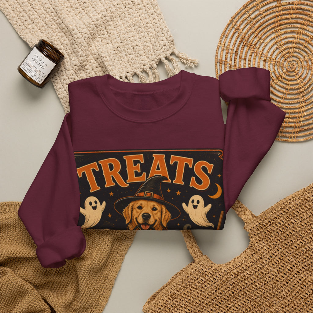 Halloween "Treats Only" Sweatshirt – Cute Puppy, Ghosts & Pumpkins Fall Crewneck
