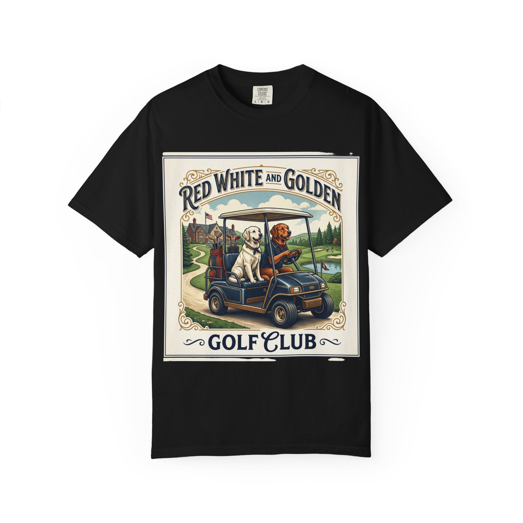 Golf Club T-Shirt — "Red White and Golden" Vintage Dog Golf Cart Design
