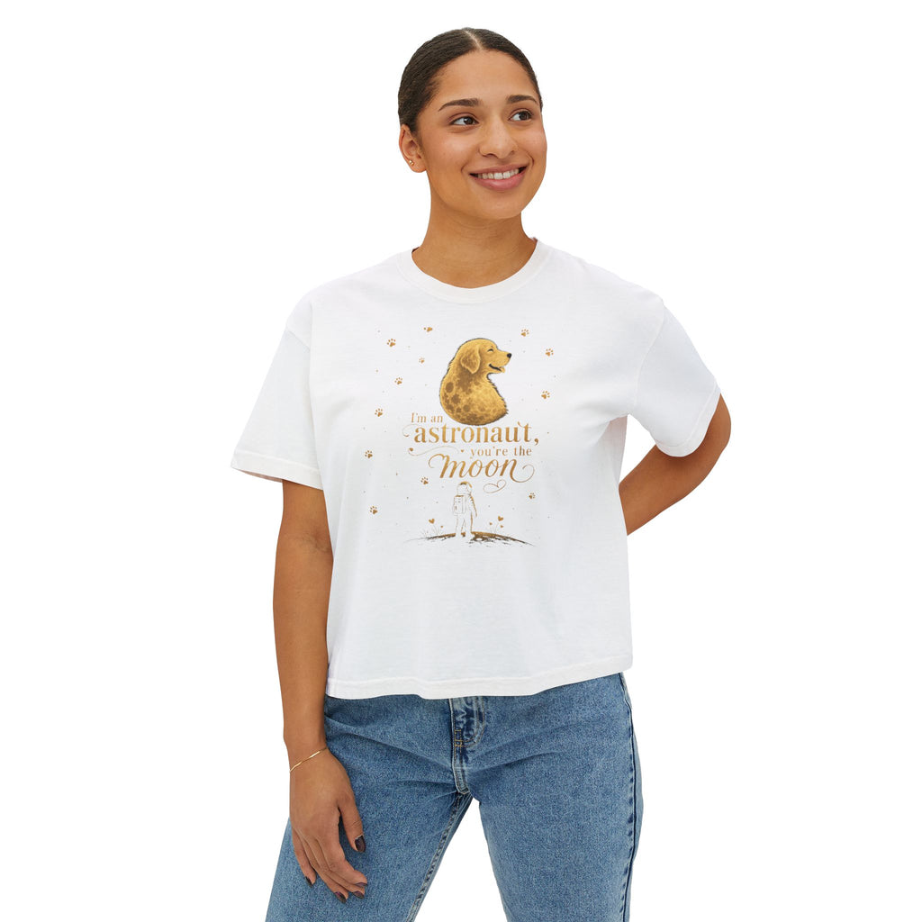Women's Boxy Tee — "I'm an astronaut, I need my moon" Golden Dog Graphic Shirt
