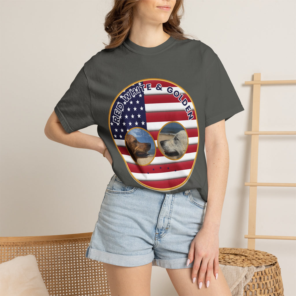Red, White & Golden T-Shirt – American Flag with Golden Retriever Design