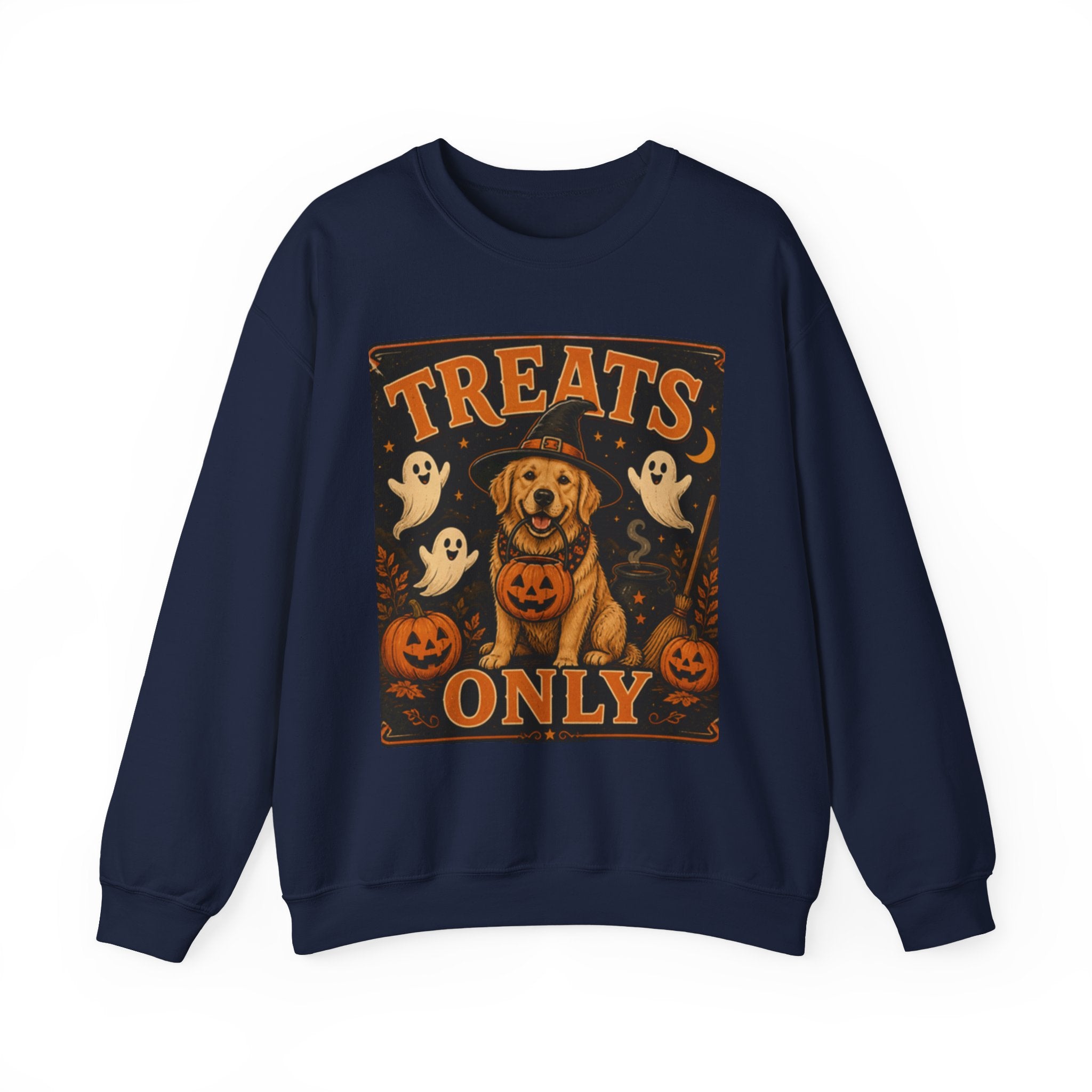 Halloween "Treats Only" Sweatshirt – Cute Puppy, Ghosts & Pumpkins Fall Crewneck