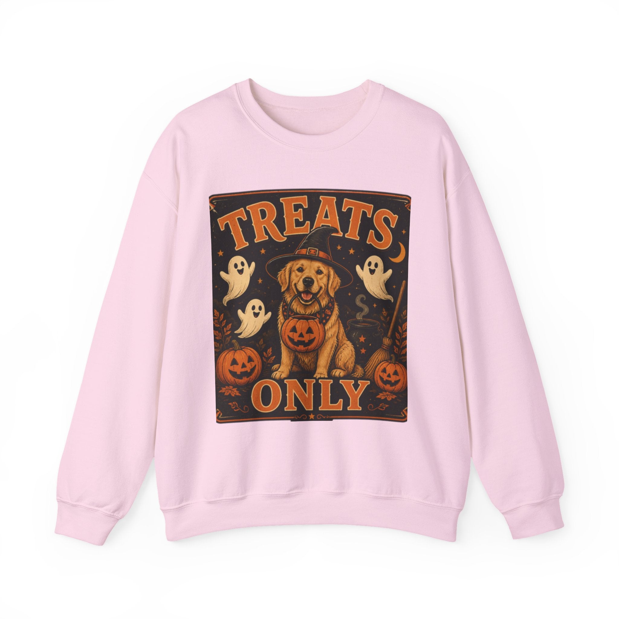 Halloween "Treats Only" Sweatshirt – Cute Puppy, Ghosts & Pumpkins Fall Crewneck