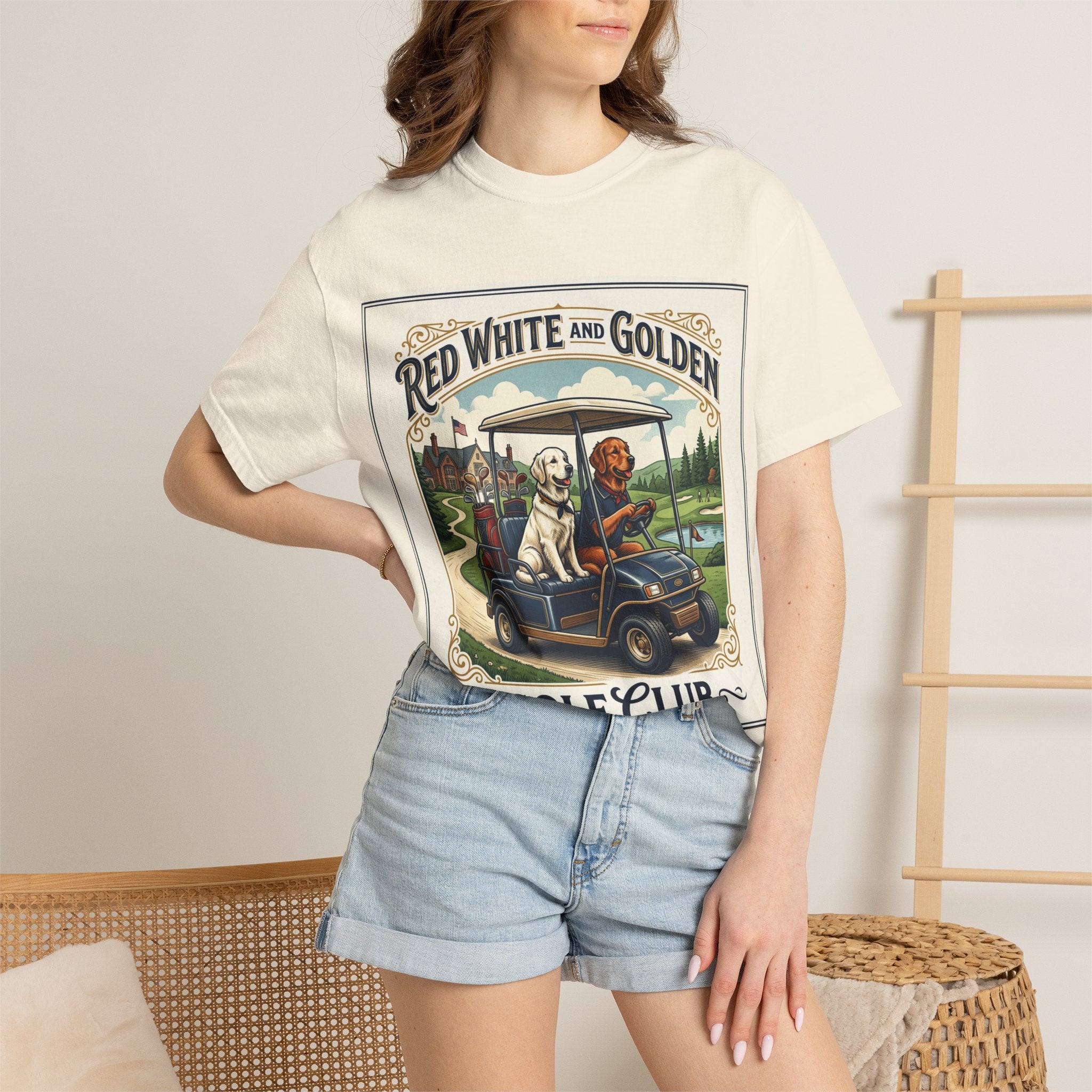 Golf Club T-Shirt — "Red White and Golden" Vintage Dog Golf Cart Design