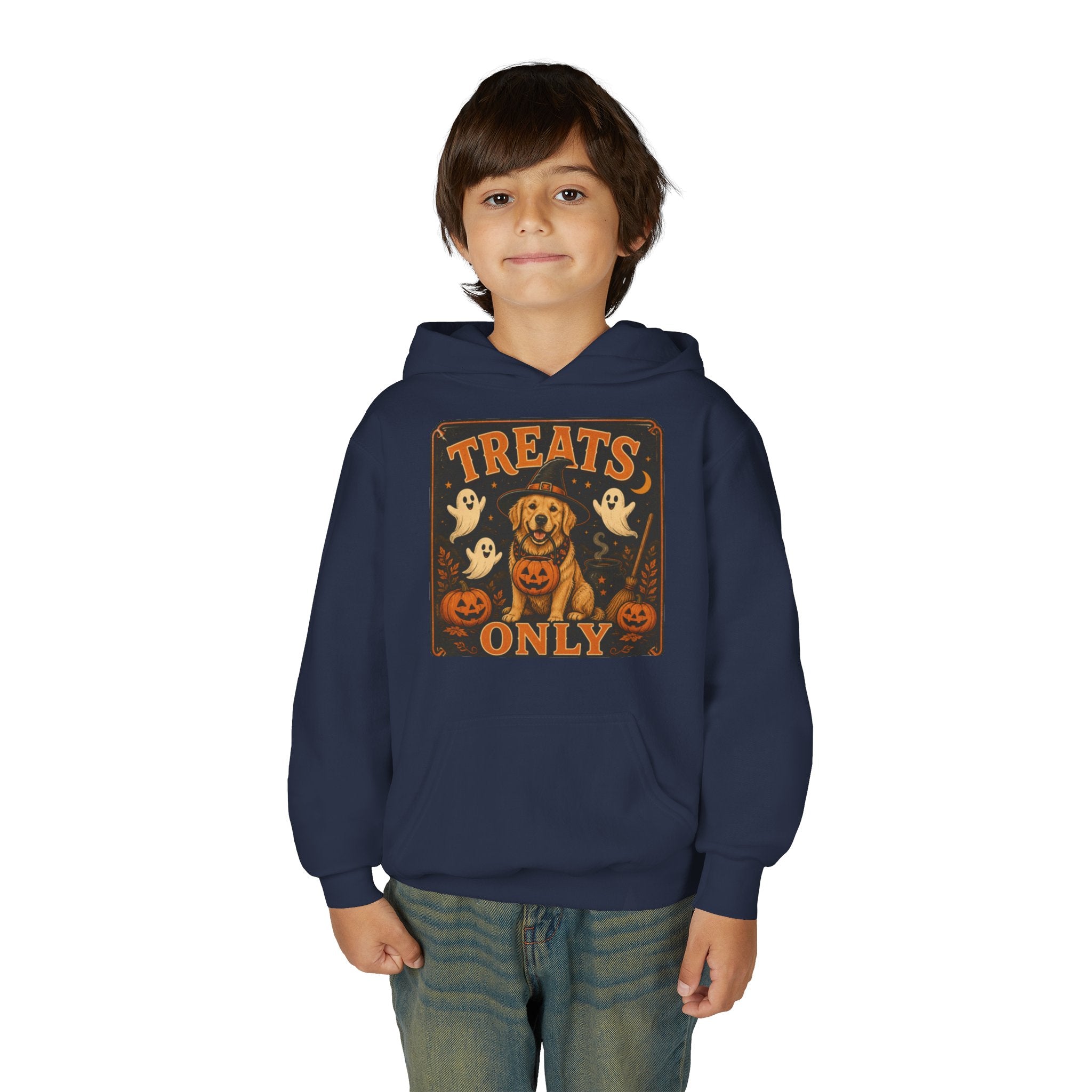 Youth Halloween Hoodie - "Treats Only" Pumpkin Dog Graphic