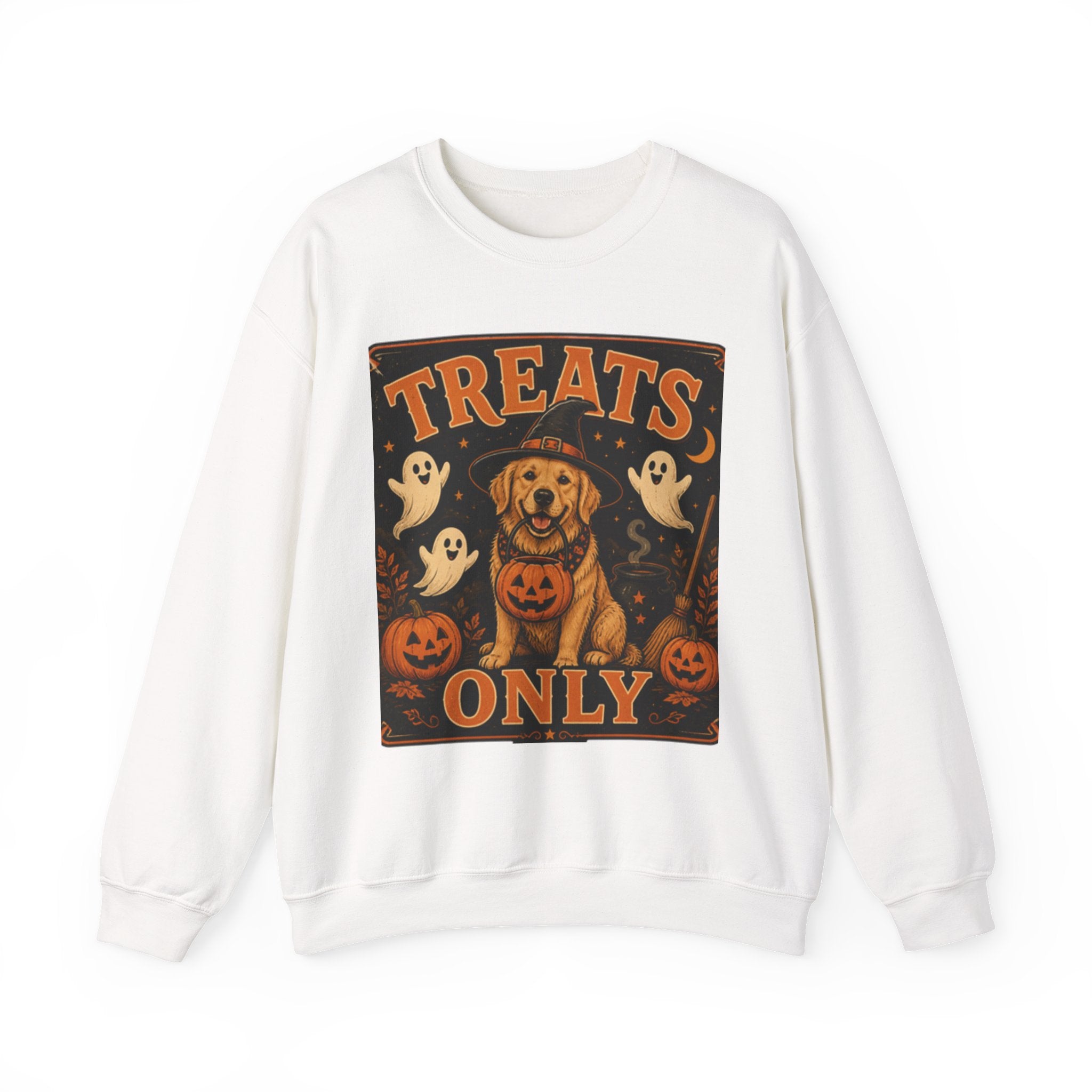 Halloween "Treats Only" Sweatshirt – Cute Puppy, Ghosts & Pumpkins Fall Crewneck