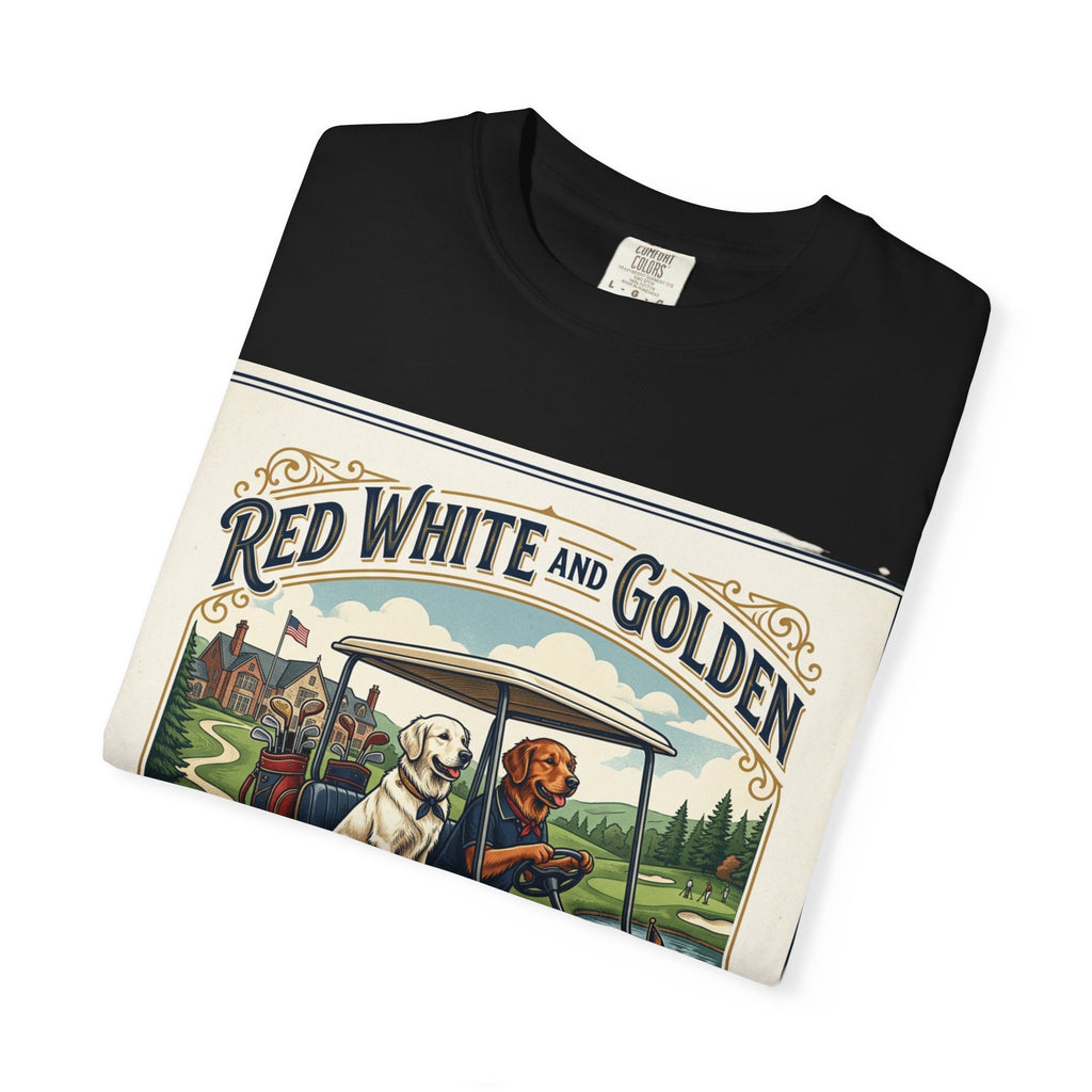 Golf Club T-Shirt — "Red White and Golden" Vintage Dog Golf Cart Design