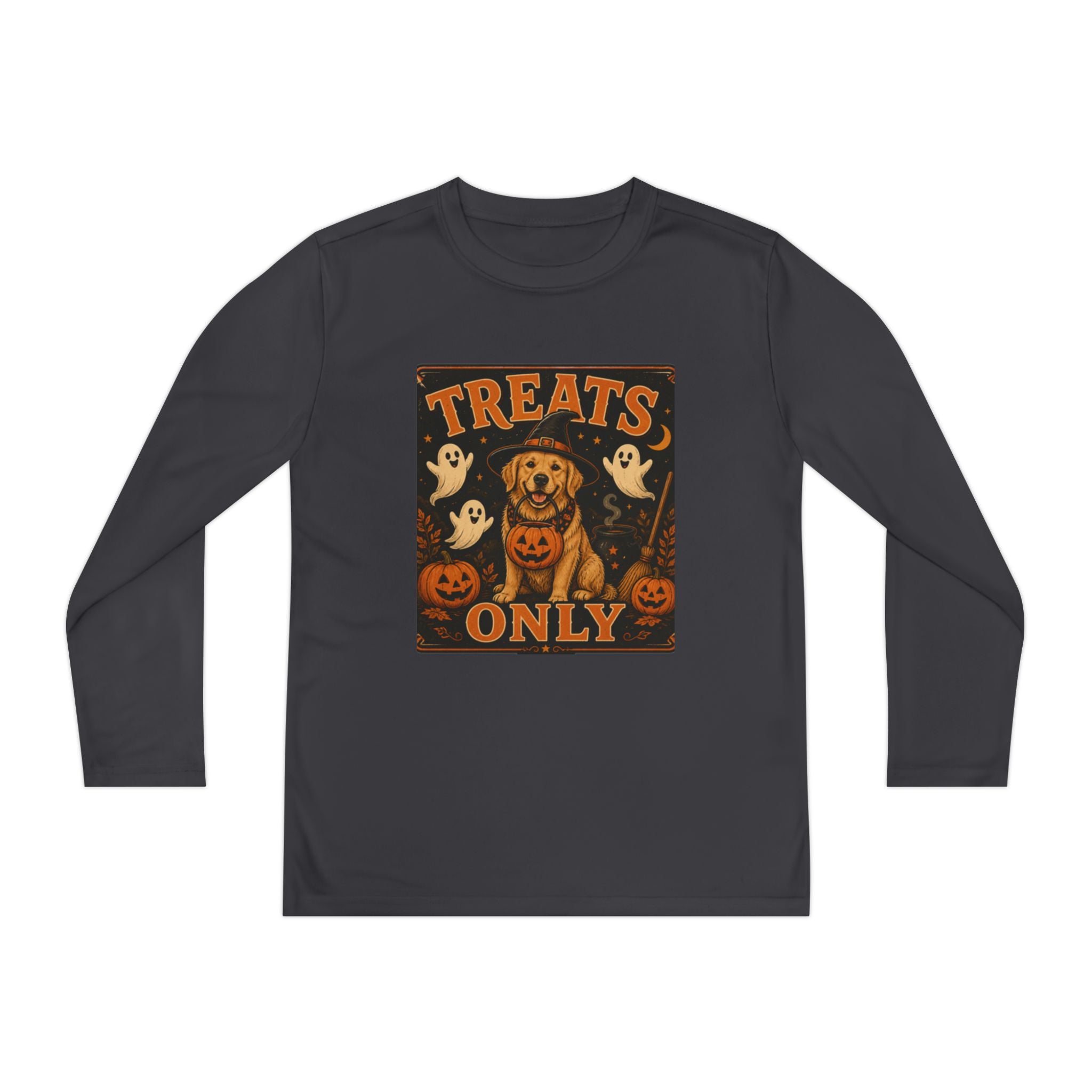 Halloween 'Treats Only' Youth Long Sleeve Tee - Cute Puppy & Ghosts Pumpkin Shirt