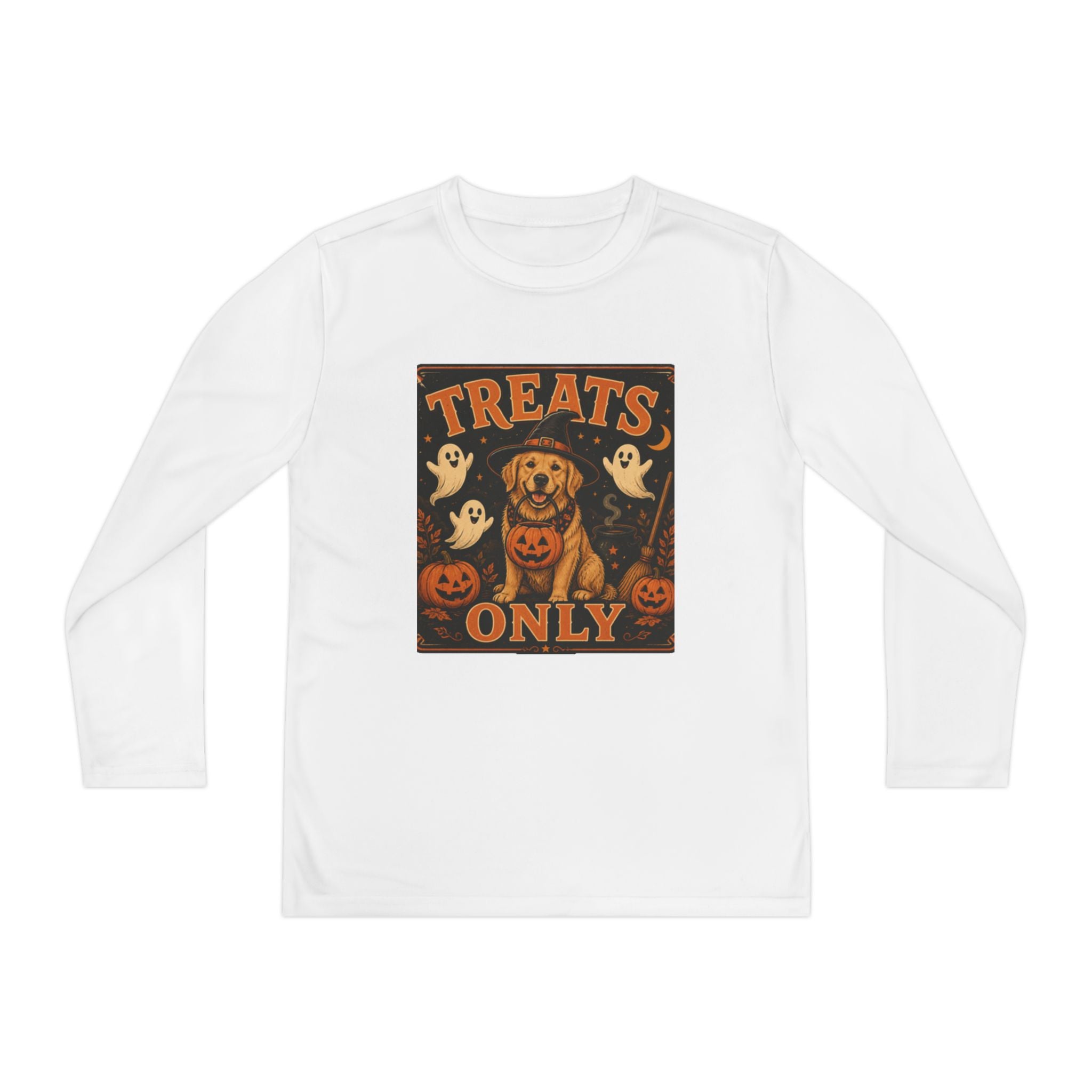 Halloween 'Treats Only' Youth Long Sleeve Tee - Cute Puppy & Ghosts Pumpkin Shirt