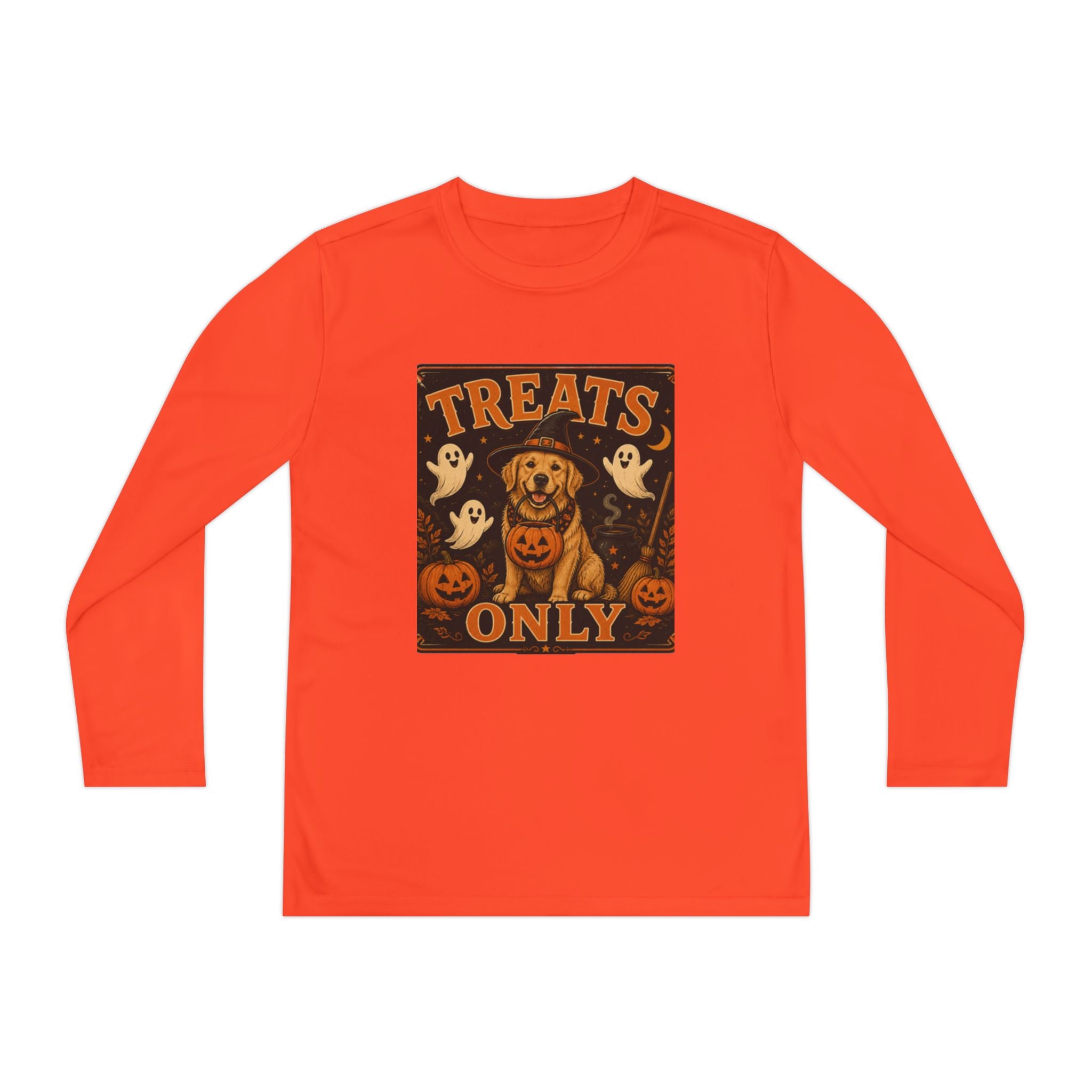 Halloween 'Treats Only' Youth Long Sleeve Tee - Cute Puppy & Ghosts Pumpkin Shirt