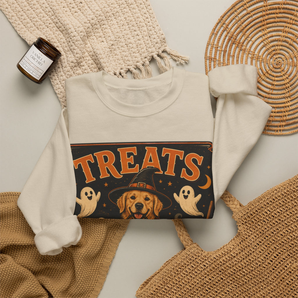 Halloween "Treats Only" Sweatshirt – Cute Puppy, Ghosts & Pumpkins Fall Crewneck