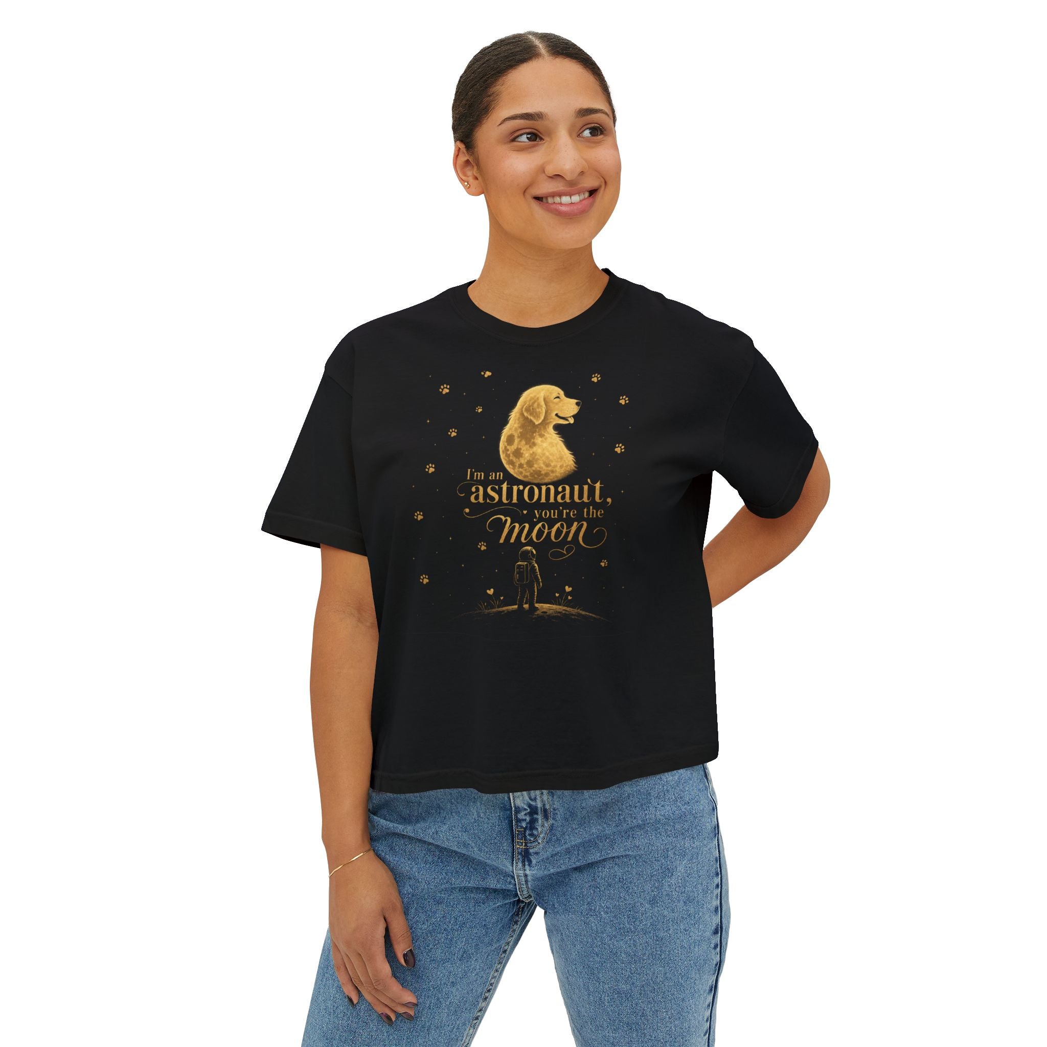 Women's Boxy Tee — "I'm an astronaut, I need my moon" Golden Dog Graphic Shirt