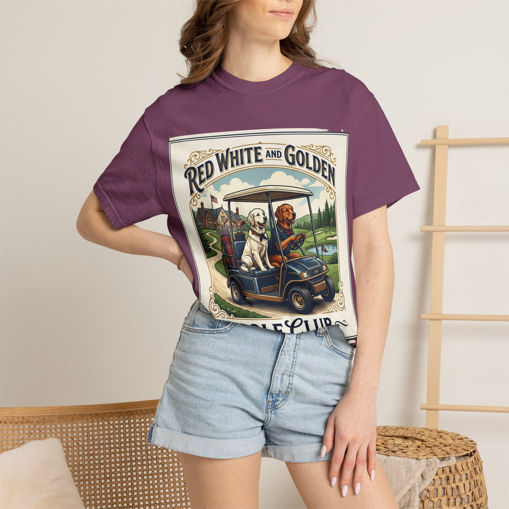 Golf Club T-Shirt — "Red White and Golden" Vintage Dog Golf Cart Design