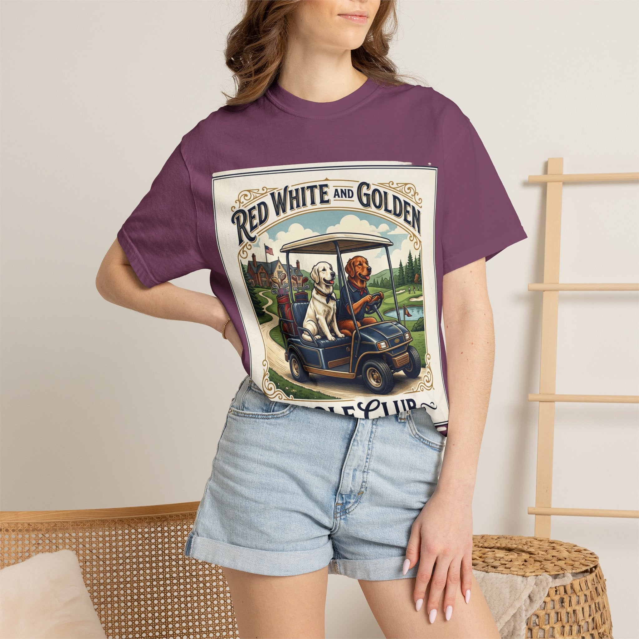 Golf Club T-Shirt — "Red White and Golden" Vintage Dog Golf Cart Design