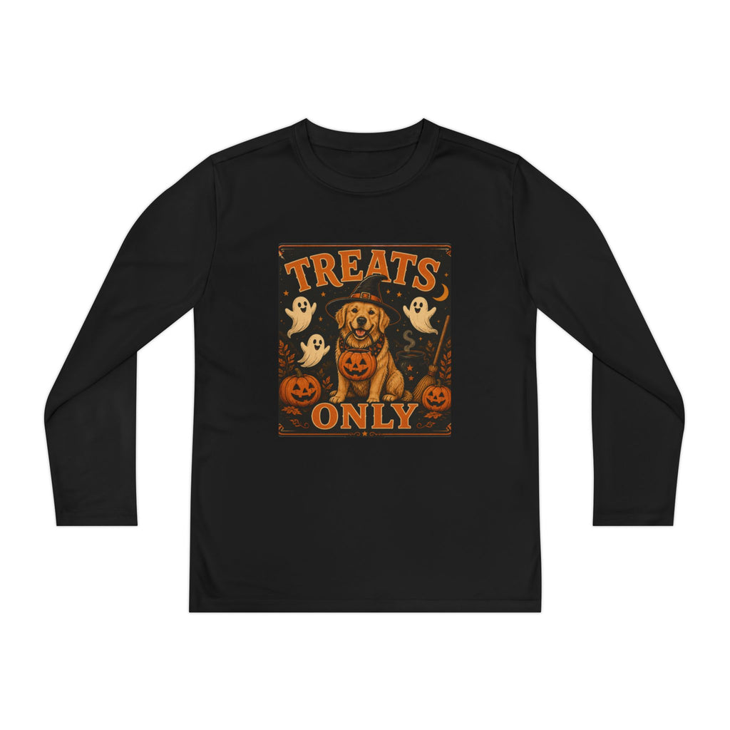 Halloween 'Treats Only' Youth Long Sleeve Tee - Cute Puppy & Ghosts Pumpkin Shirt