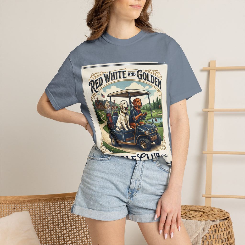 Golf Club T-Shirt — "Red White and Golden" Vintage Dog Golf Cart Design
