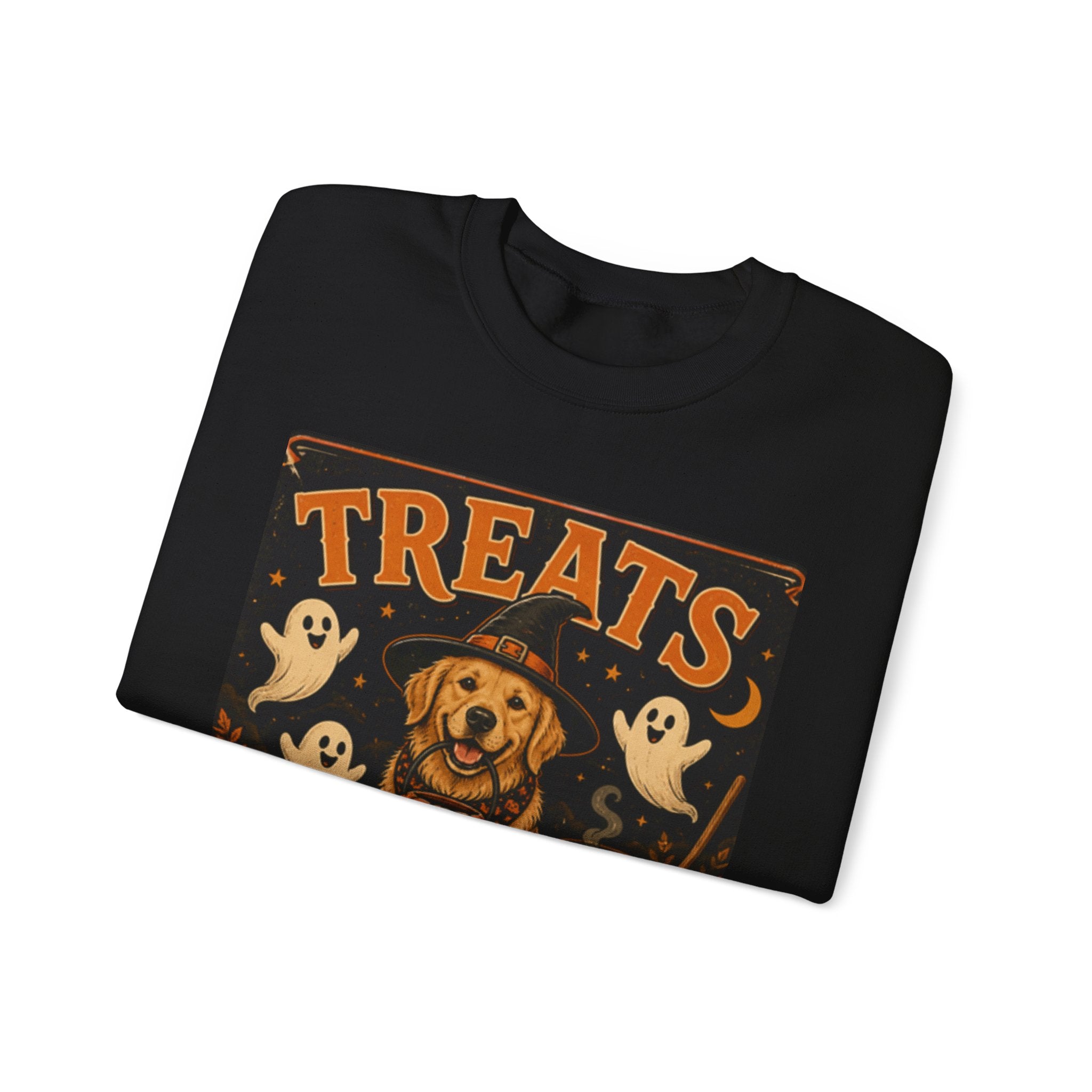 Halloween "Treats Only" Sweatshirt – Cute Puppy, Ghosts & Pumpkins Fall Crewneck