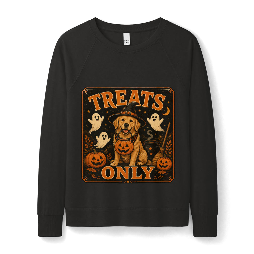 Women's Halloween 'Treats Only' Crewneck Sweatshirt — Pumpkin Dog & Ghosts