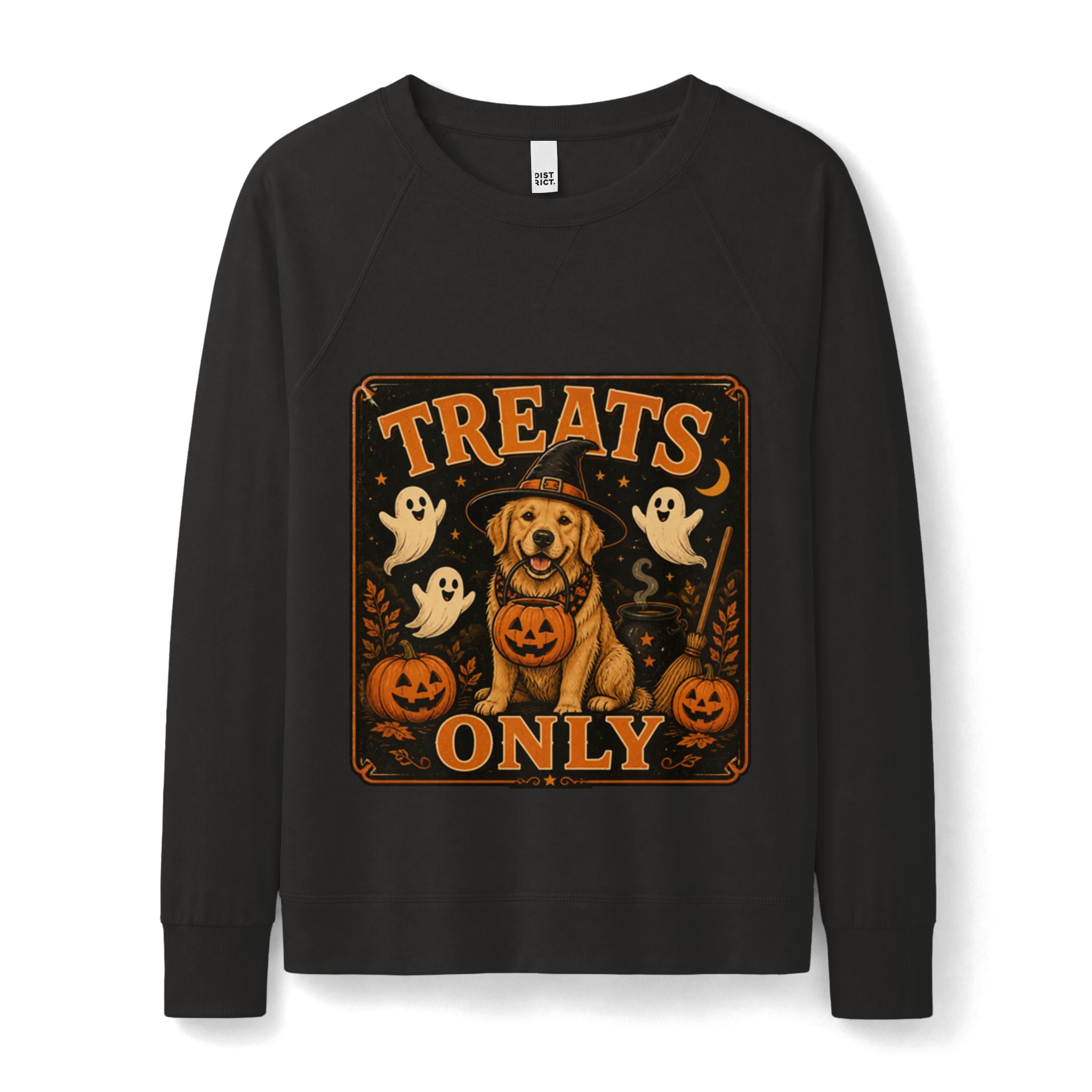 Women's Halloween 'Treats Only' Crewneck Sweatshirt — Pumpkin Dog & Ghosts
