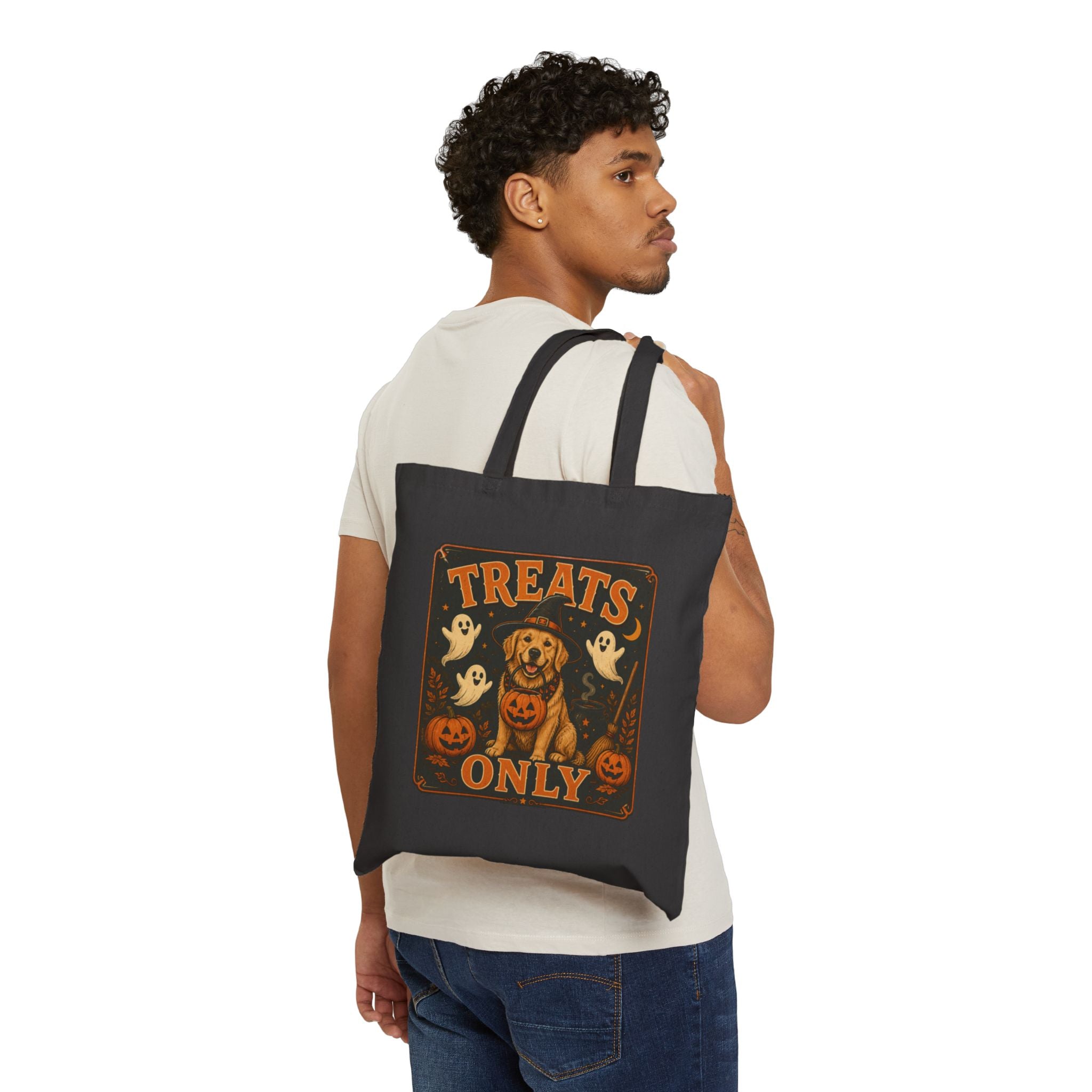 Halloween Dog Tote Bag - "Treats Only" Canvas Trick-or-Treat Grocery Shopper