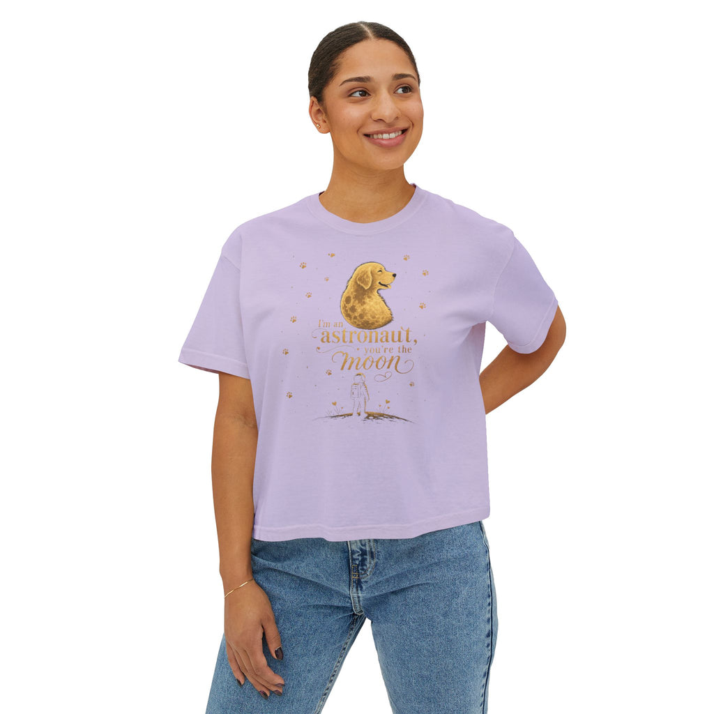 Women's Boxy Tee — "I'm an astronaut, I need my moon" Golden Dog Graphic Shirt