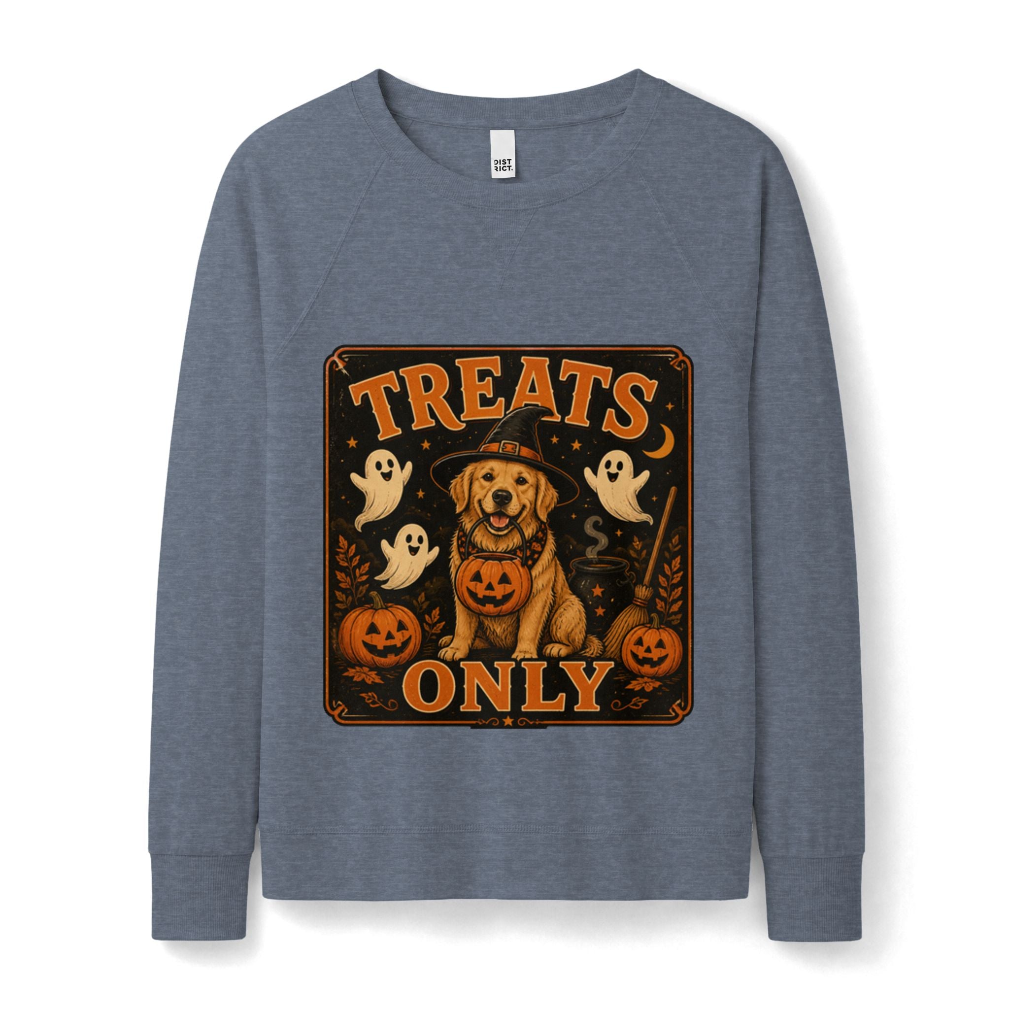 Women's Halloween 'Treats Only' Crewneck Sweatshirt — Pumpkin Dog & Ghosts