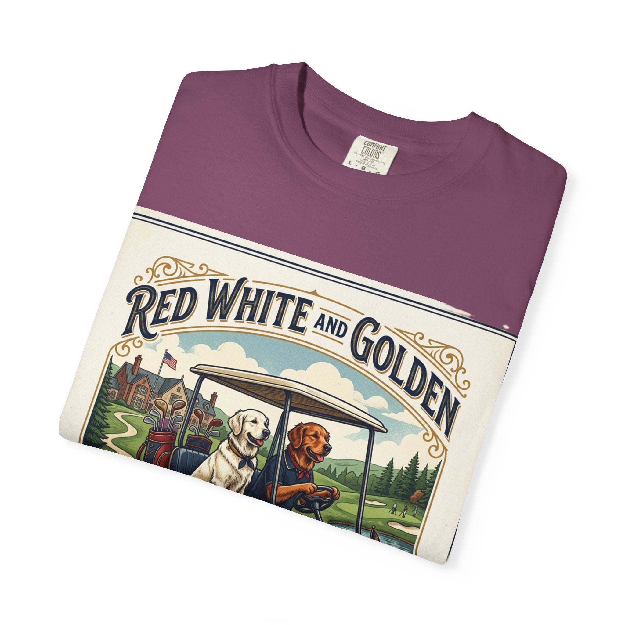 Golf Club T-Shirt — "Red White and Golden" Vintage Dog Golf Cart Design