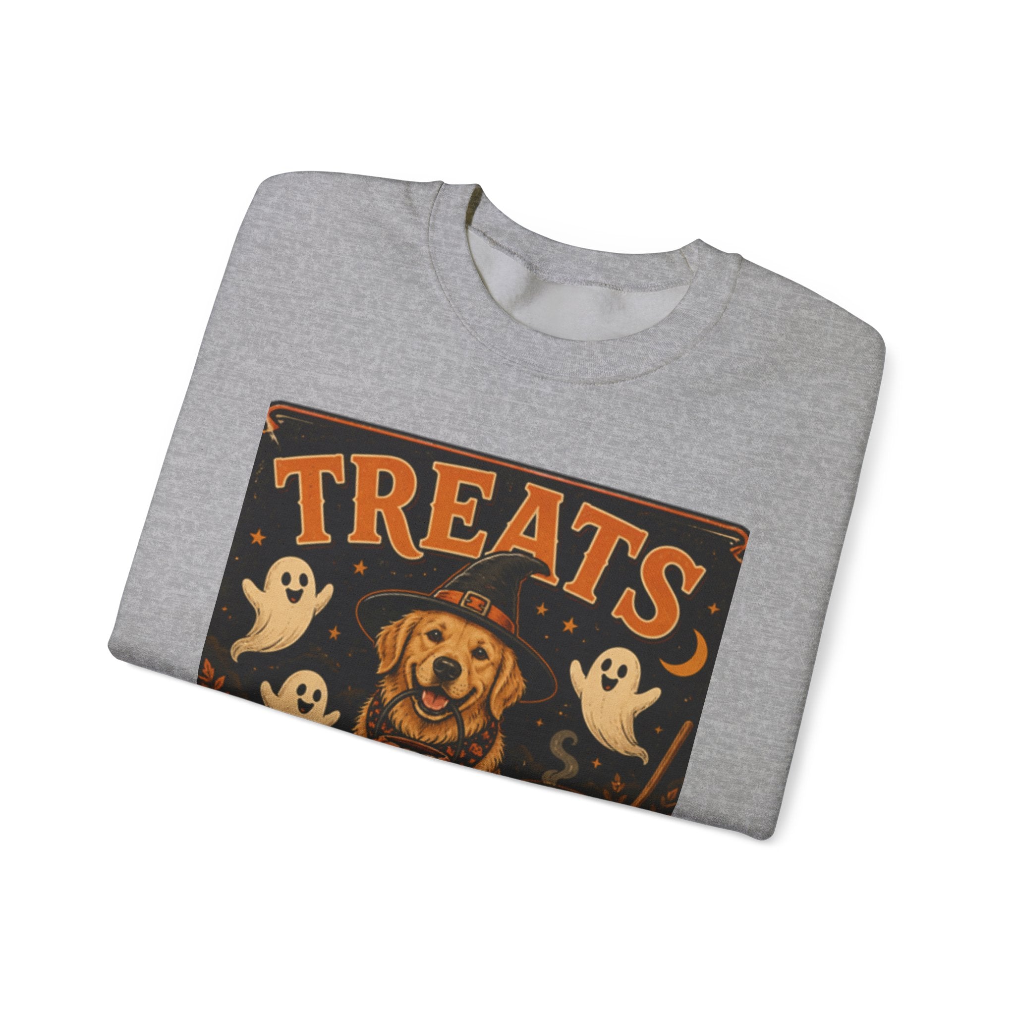 Halloween "Treats Only" Sweatshirt – Cute Puppy, Ghosts & Pumpkins Fall Crewneck