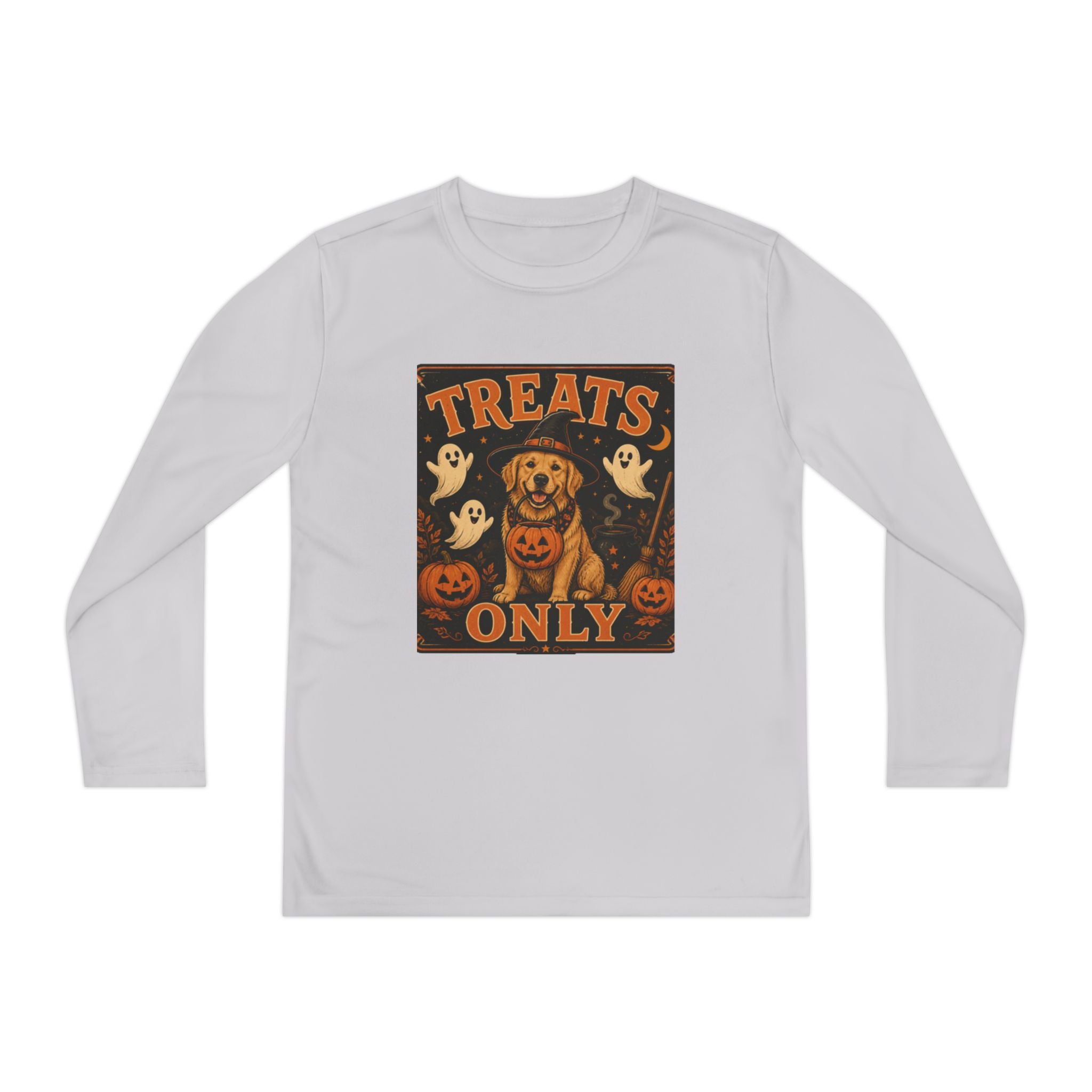 Halloween 'Treats Only' Youth Long Sleeve Tee - Cute Puppy & Ghosts Pumpkin Shirt