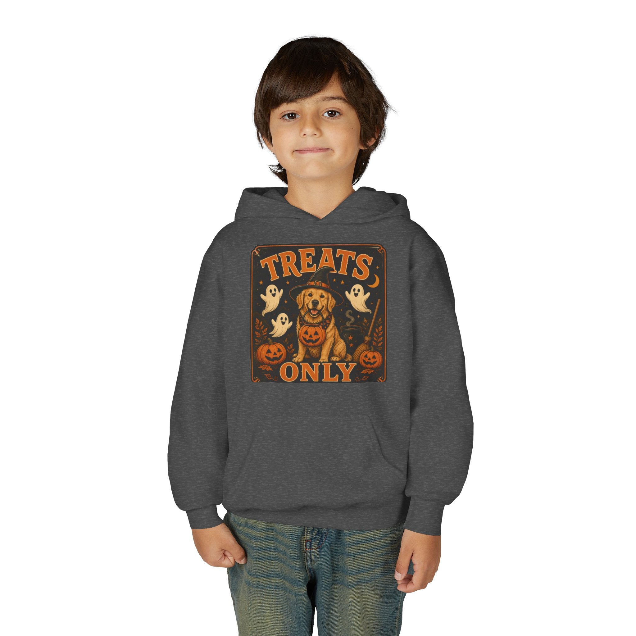Youth Halloween Hoodie - "Treats Only" Pumpkin Dog Graphic