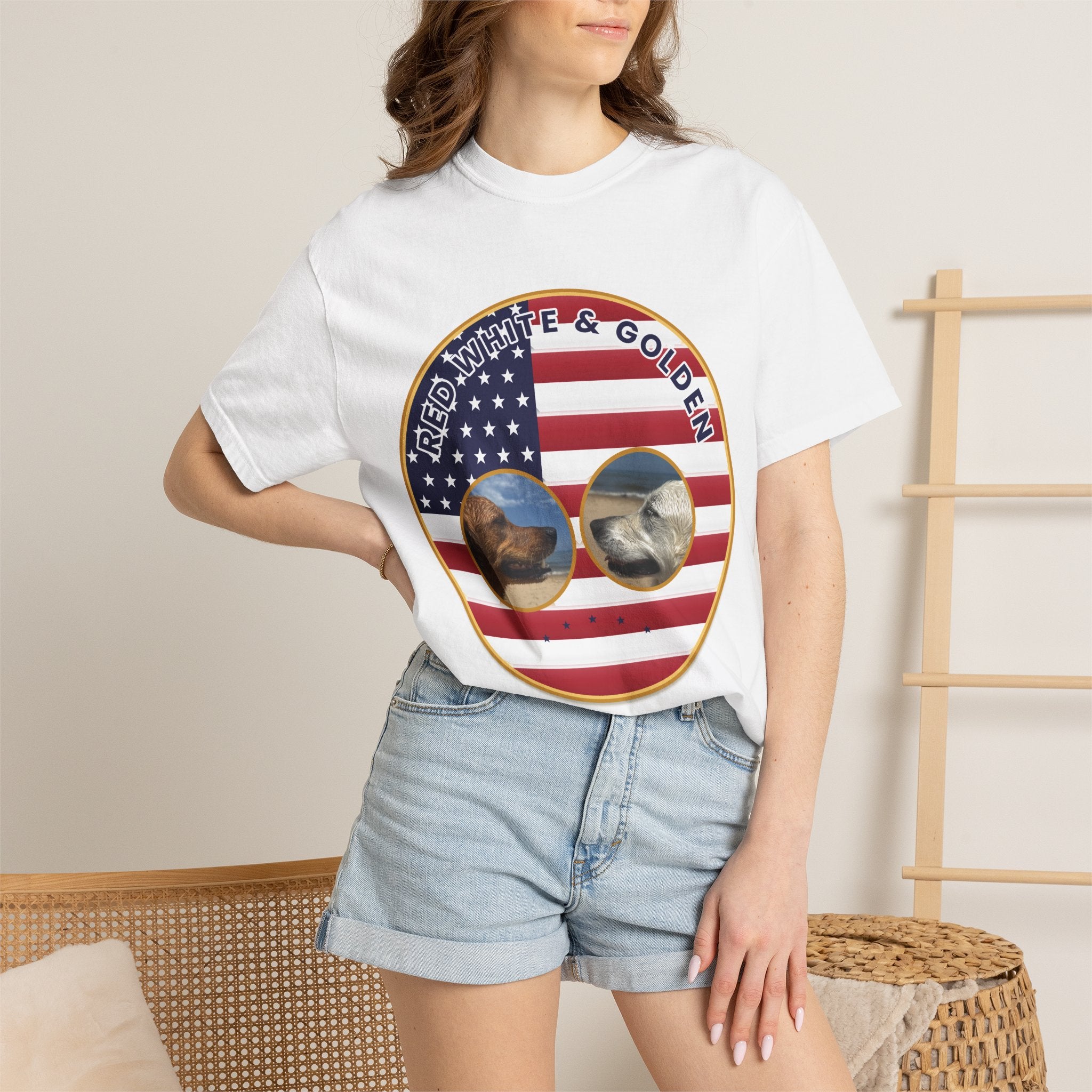 Red, White & Golden T-Shirt – American Flag with Golden Retriever Design