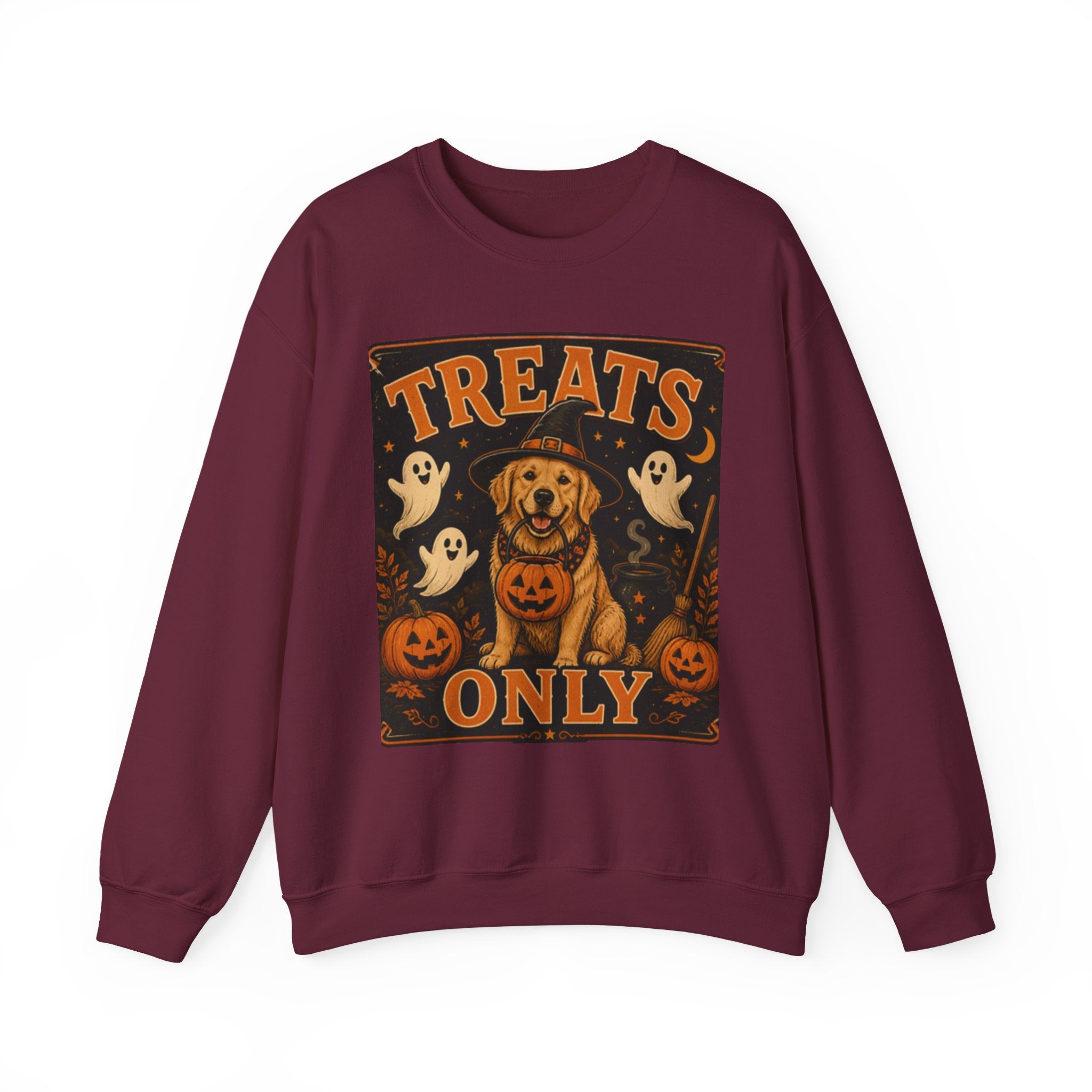 Halloween "Treats Only" Sweatshirt – Cute Puppy, Ghosts & Pumpkins Fall Crewneck