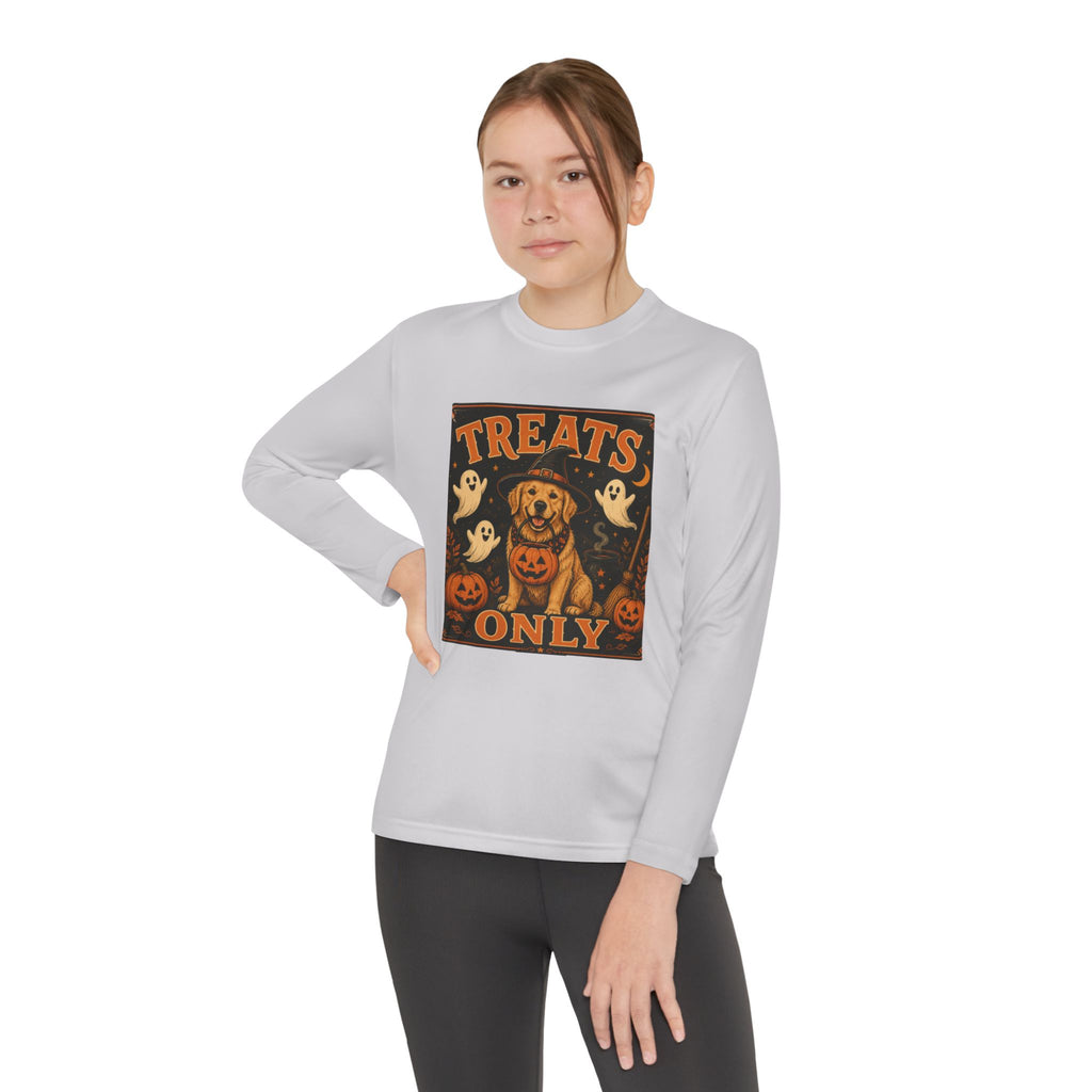 Halloween 'Treats Only' Youth Long Sleeve Tee - Cute Puppy & Ghosts Pumpkin Shirt