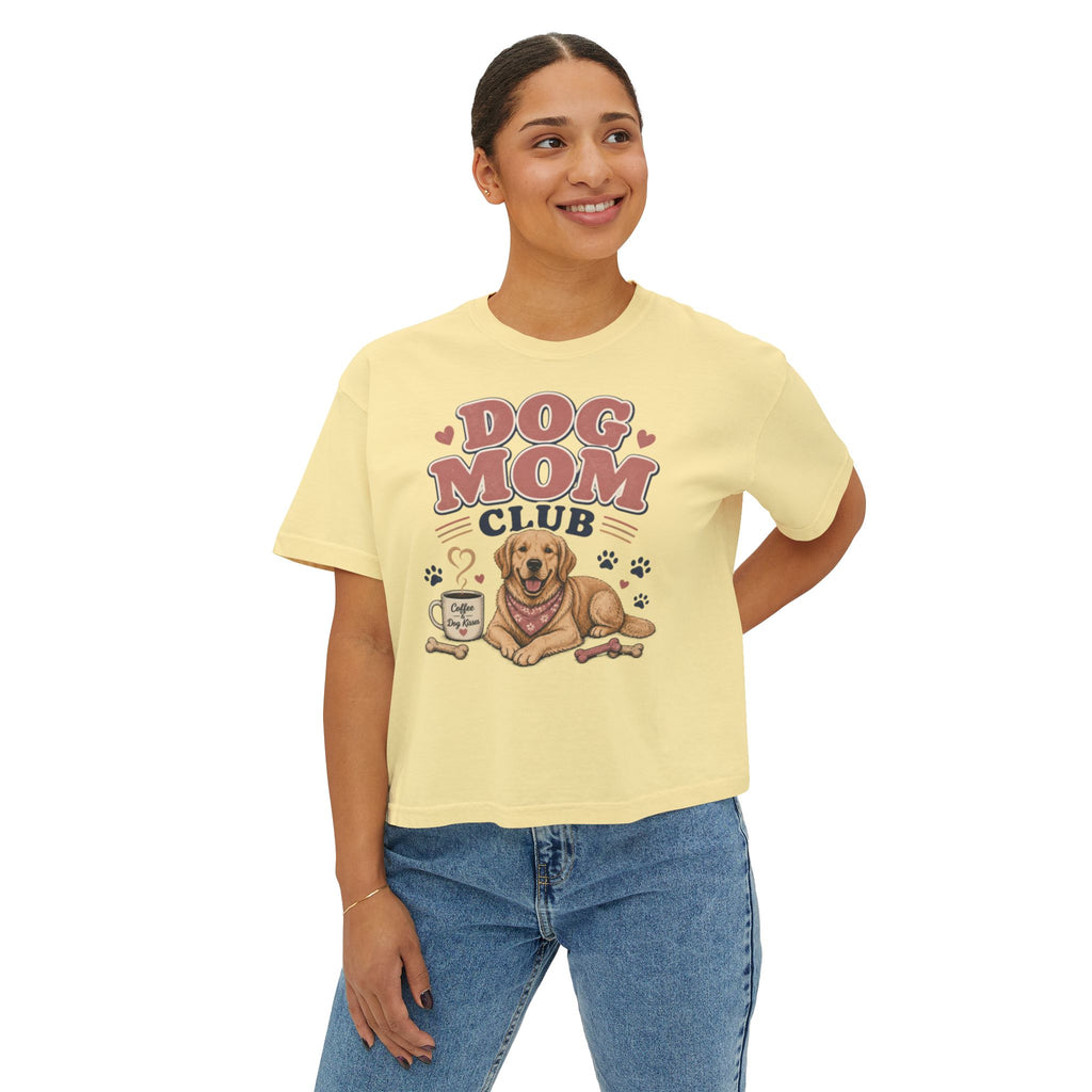 Dog Mom Club Boxy Tee — Cute Golden Retriever Graphic T-Shirt for Women
