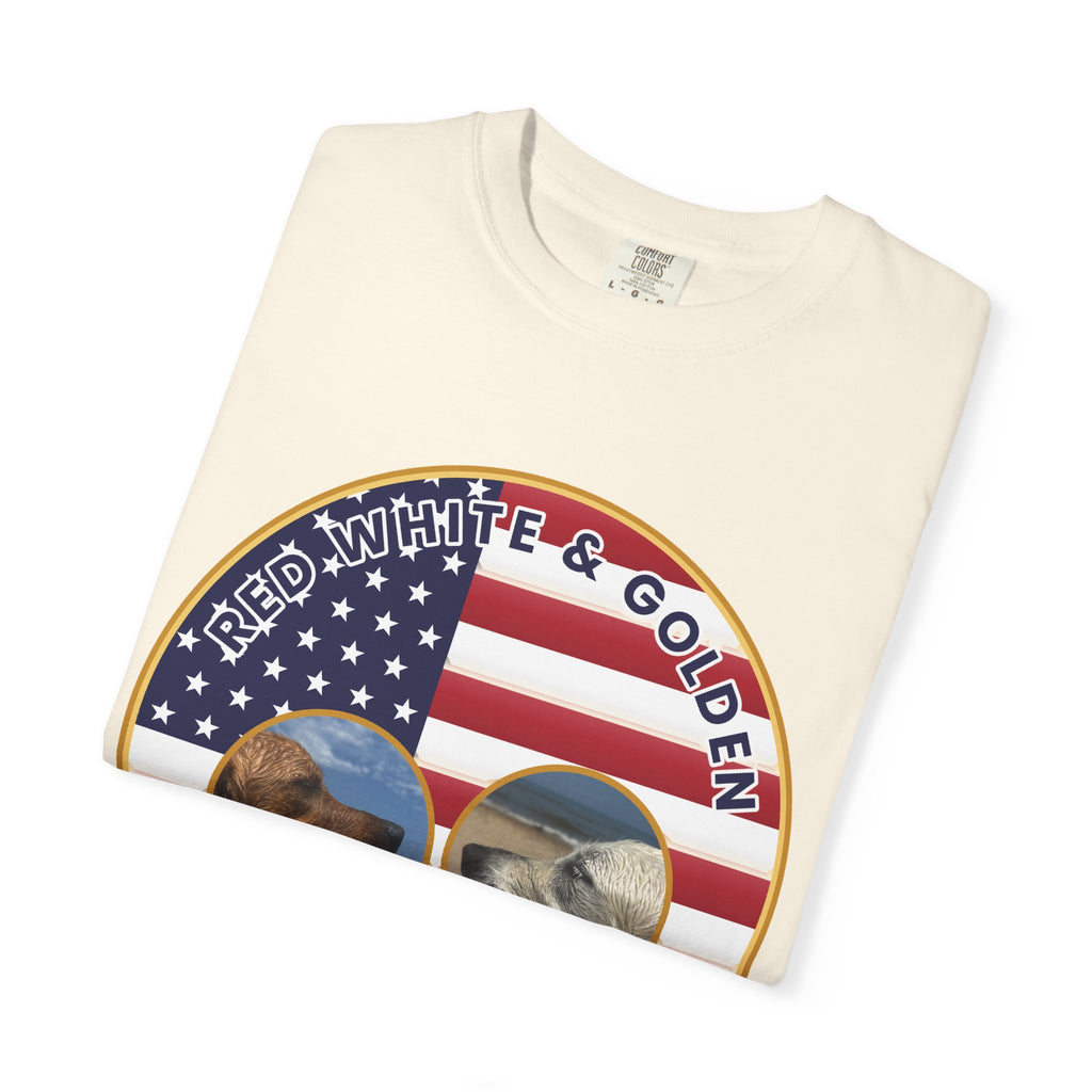 Red, White & Golden T-Shirt – American Flag with Golden Retriever Design