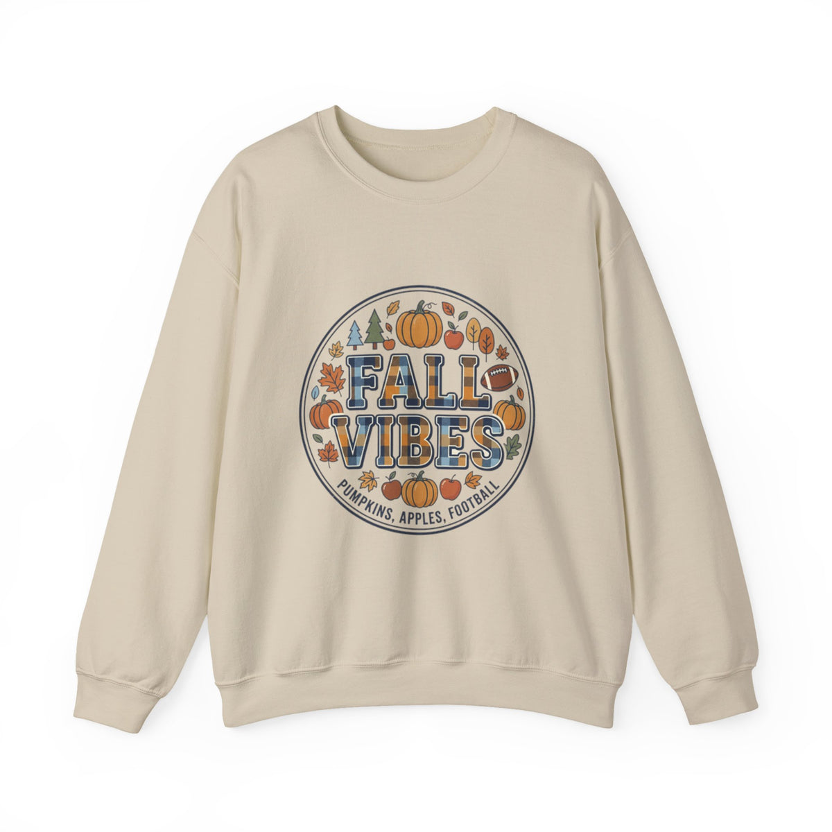 Fall Vibes Crewneck Sweatshirt — Pumpkin, Apples & Football Autumn Graphic