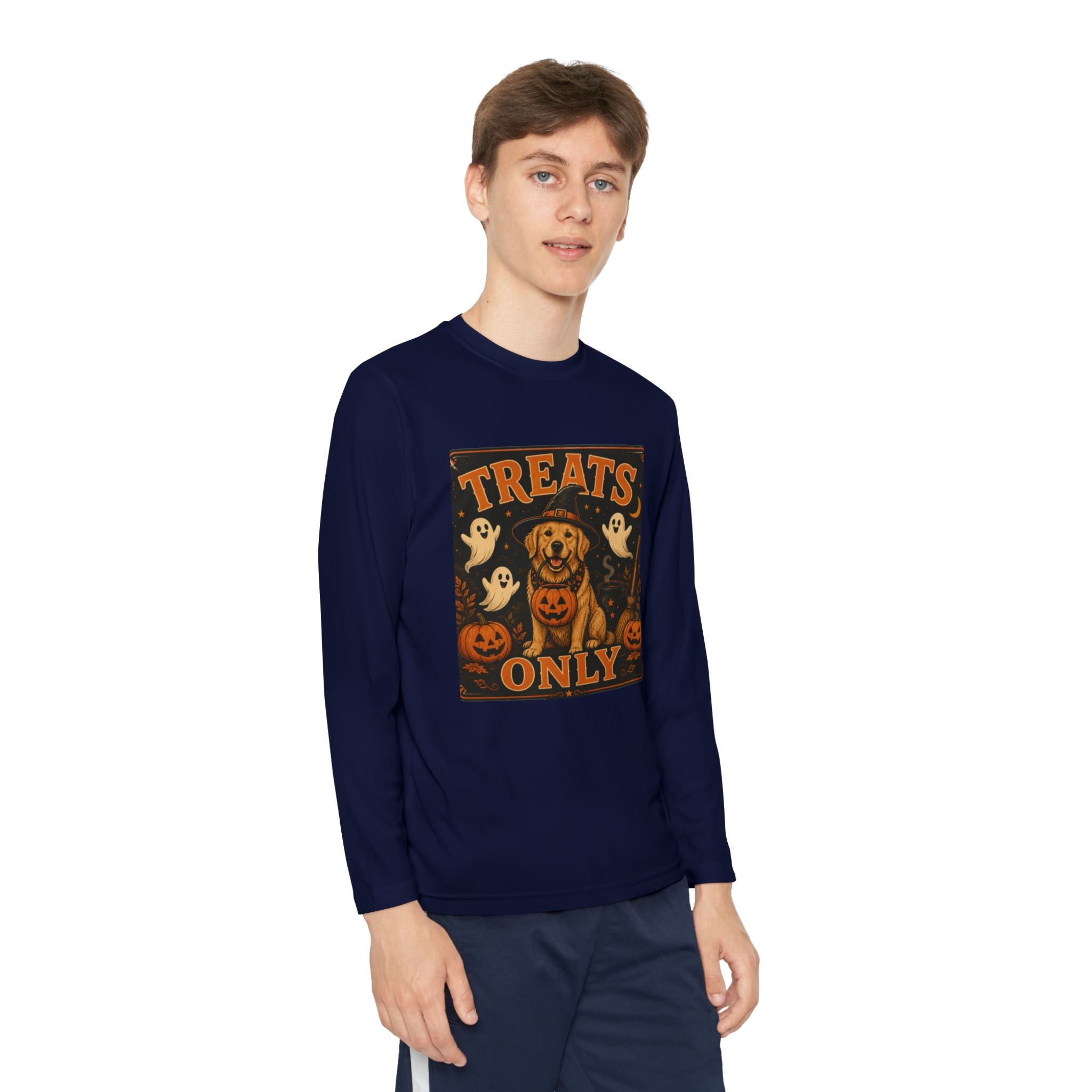 Halloween 'Treats Only' Youth Long Sleeve Tee - Cute Puppy & Ghosts Pumpkin Shirt