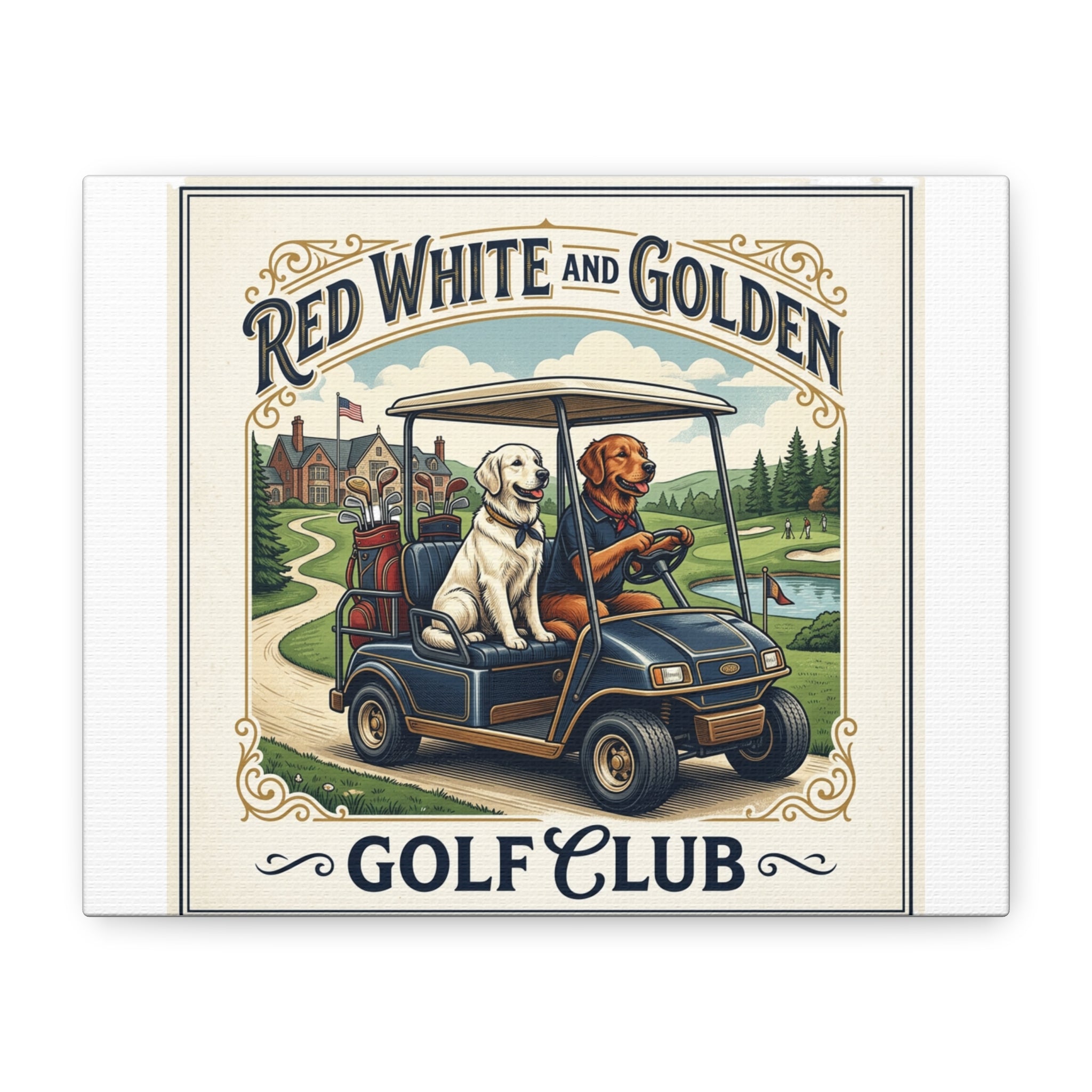 Golf Club Canvas Print — "Red White and Golden" Labrador Dogs on Golf Cart Wall Art
