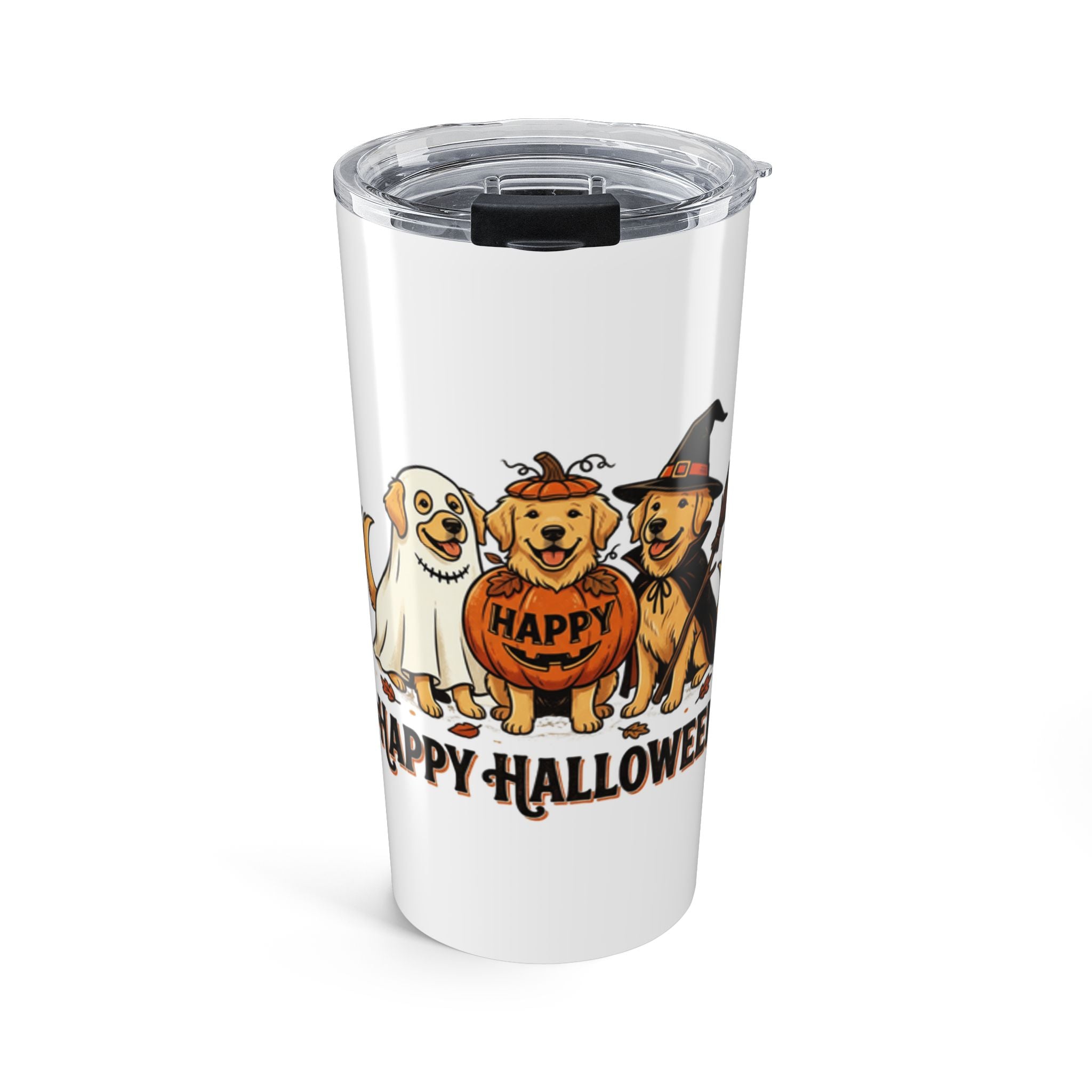 20oz Halloween Dogs Tumbler – Cute Golden Retrievers in Costumes, 'Happy Halloween' Travel Cup