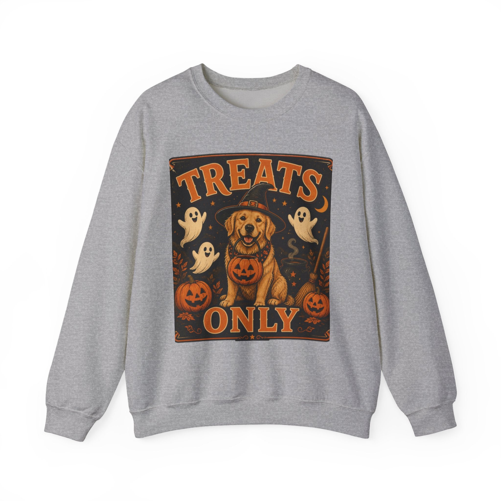 Halloween "Treats Only" Sweatshirt – Cute Puppy, Ghosts & Pumpkins Fall Crewneck