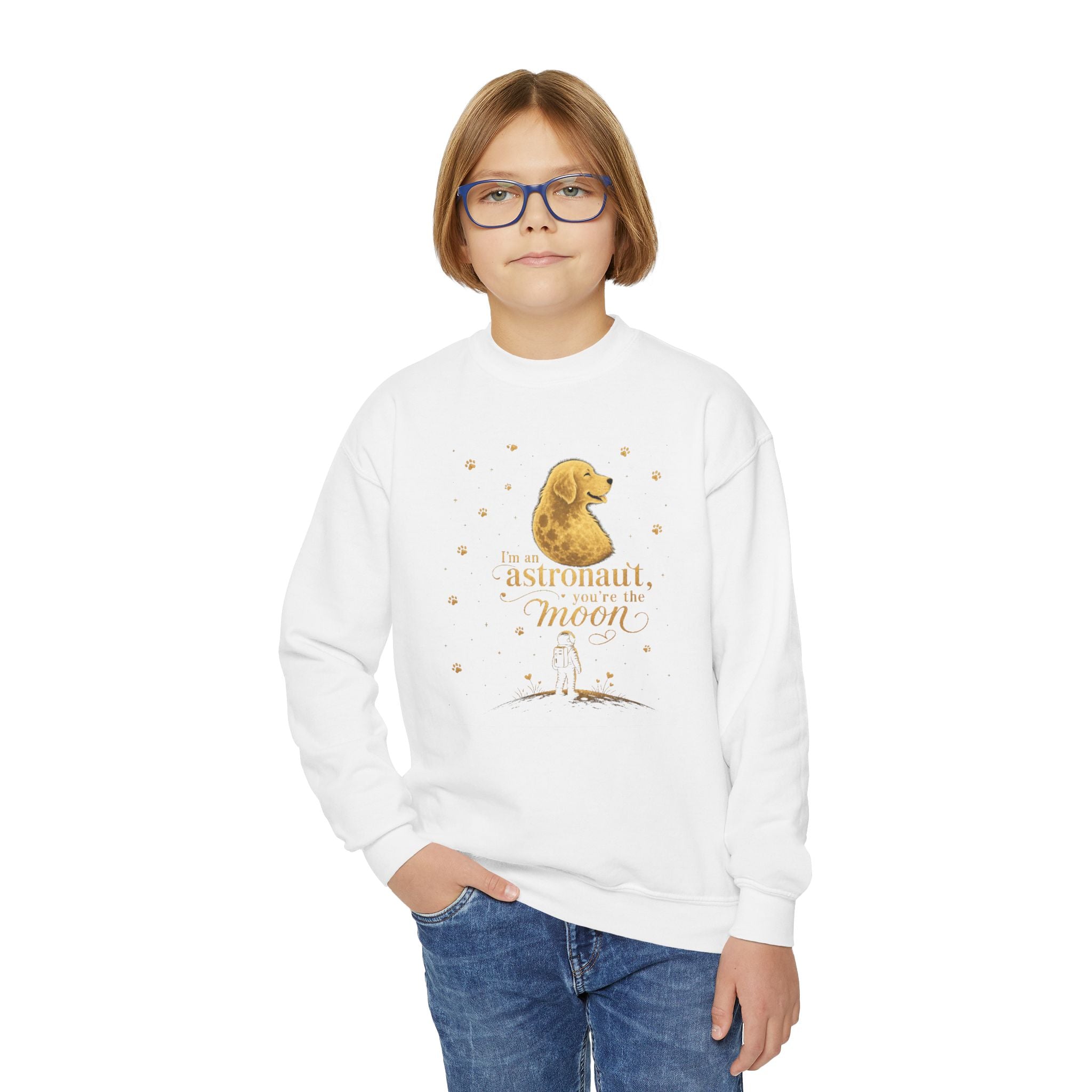 Youth Crewneck Sweatshirt - "Astronauts in the Moon" Cute Golden Bear & Moon Kids Pullover