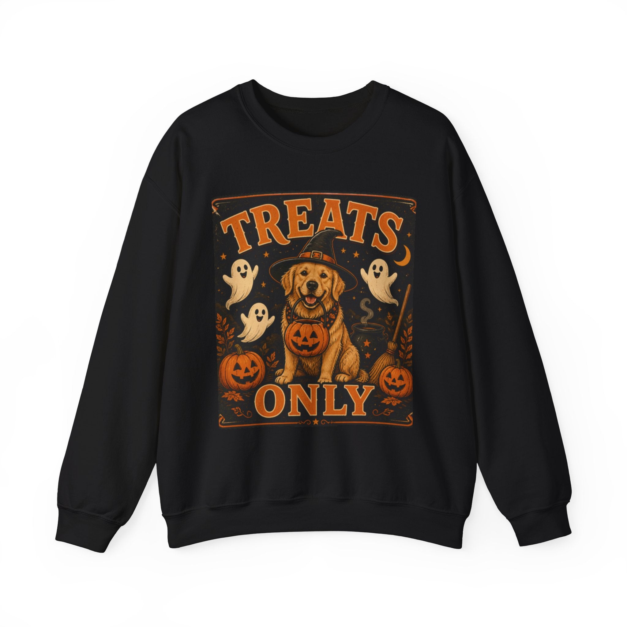 Halloween "Treats Only" Sweatshirt – Cute Puppy, Ghosts & Pumpkins Fall Crewneck