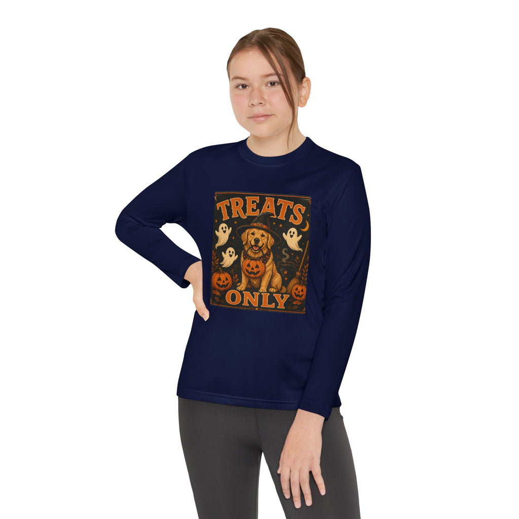 Halloween 'Treats Only' Youth Long Sleeve Tee - Cute Puppy & Ghosts Pumpkin Shirt
