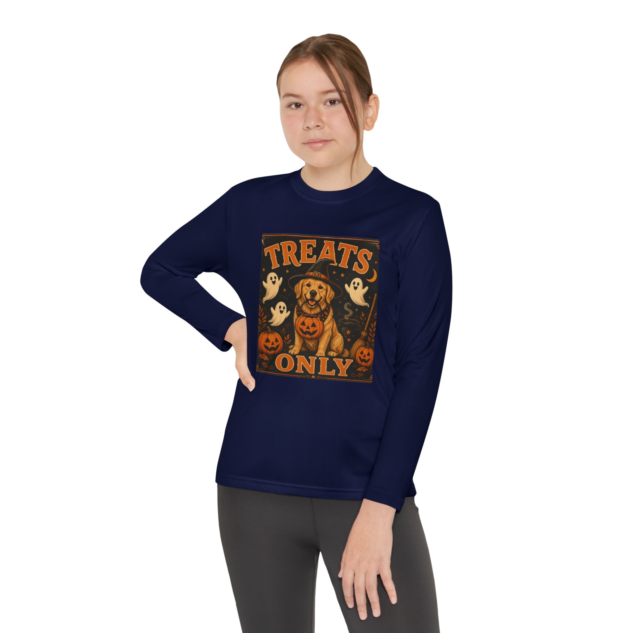 Halloween 'Treats Only' Youth Long Sleeve Tee - Cute Puppy & Ghosts Pumpkin Shirt