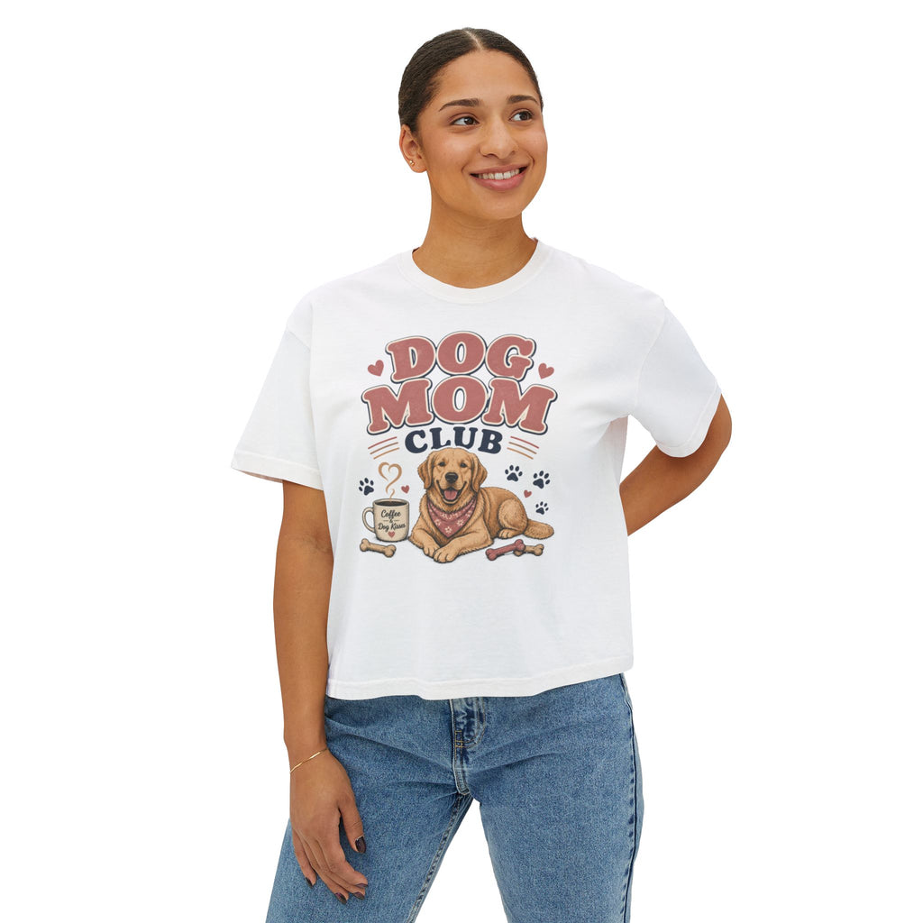 Dog Mom Club Boxy Tee — Cute Golden Retriever Graphic T-Shirt for Women
